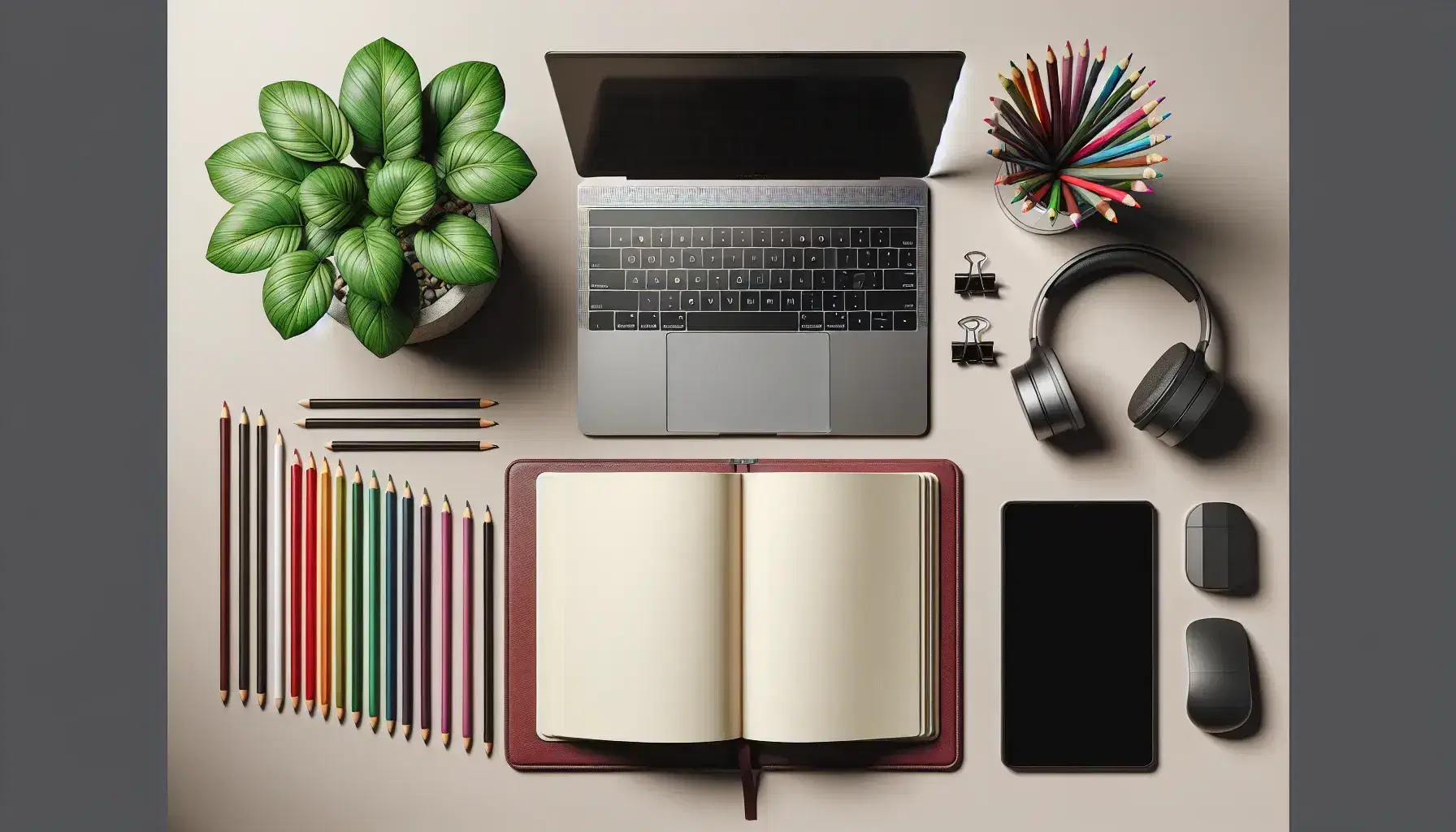Organized desk with silver laptop, open burgundy notebook, colored pencils, green plant, black tablet and headphones, on light wooden background.