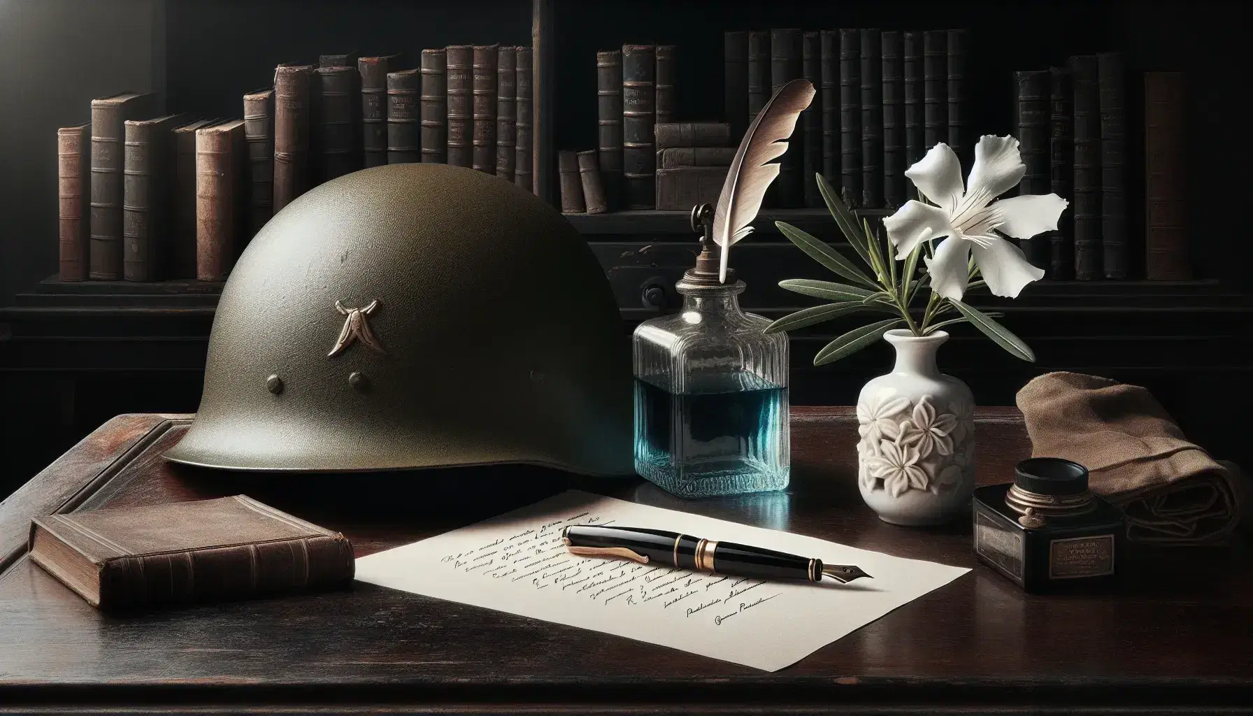 Tavolo in legno scuro con elmetto militare della Prima Guerra Mondiale, calamaio antico con penna stilografica e oleandro bianco in vaso ceramico, sfondo sfocato.