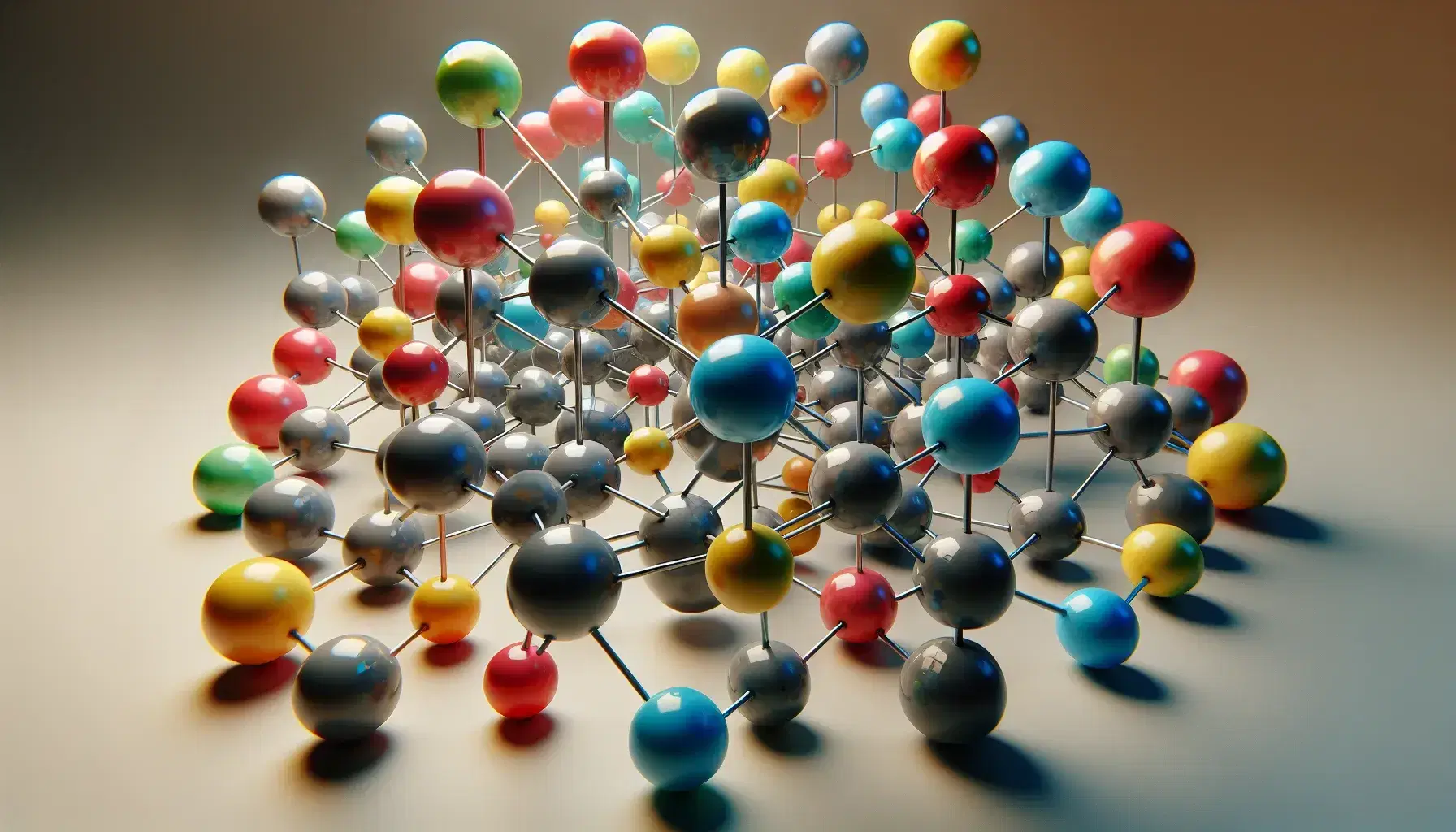 Modelo molecular tridimensional con esferas de colores representando átomos unidos por varillas, sin texto ni sombras distractoras.