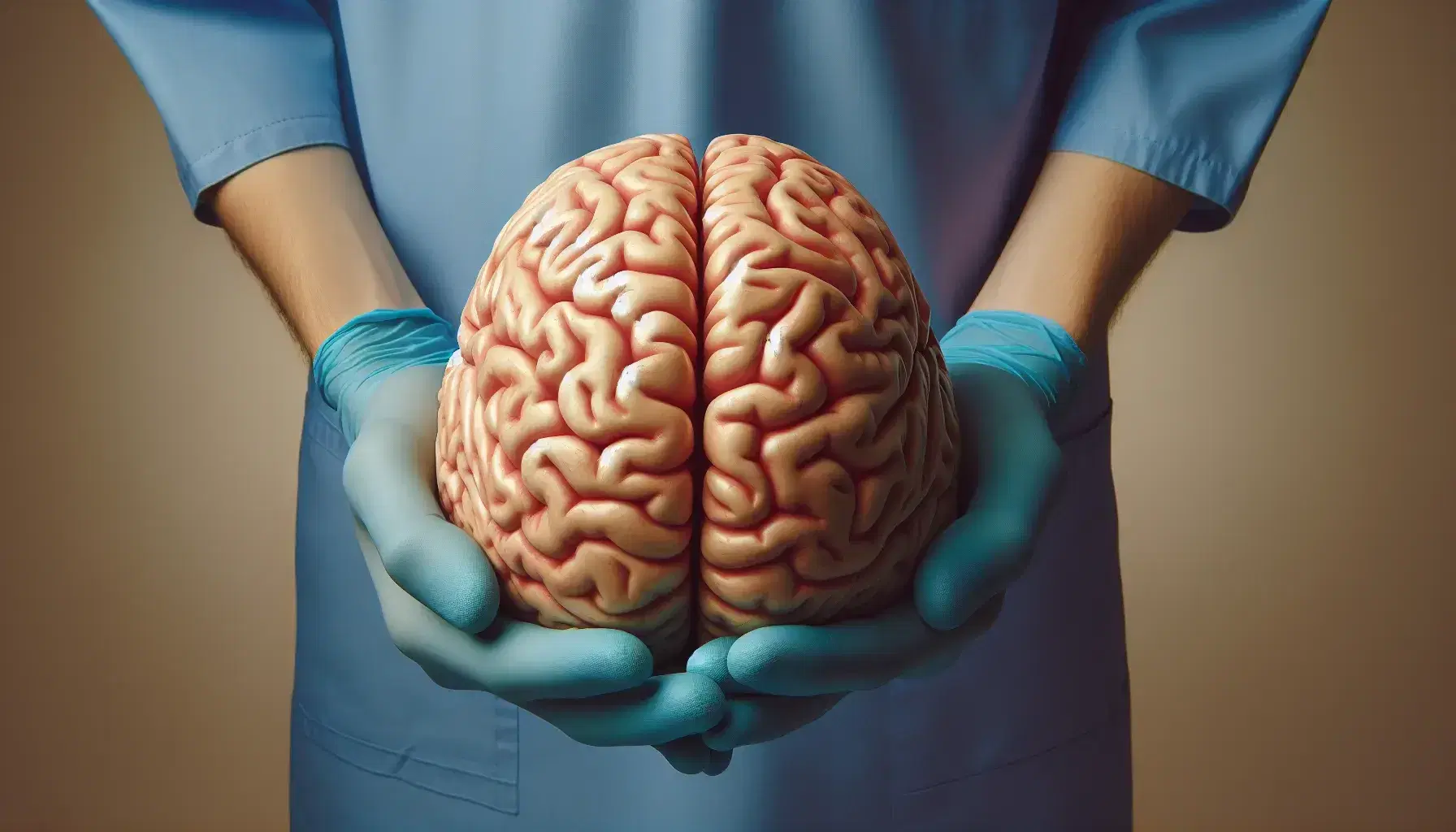 Detailed model of human brain held by hands with blue surgical gloves on uniform background, highlighting the delicacy and complexity of the brain.