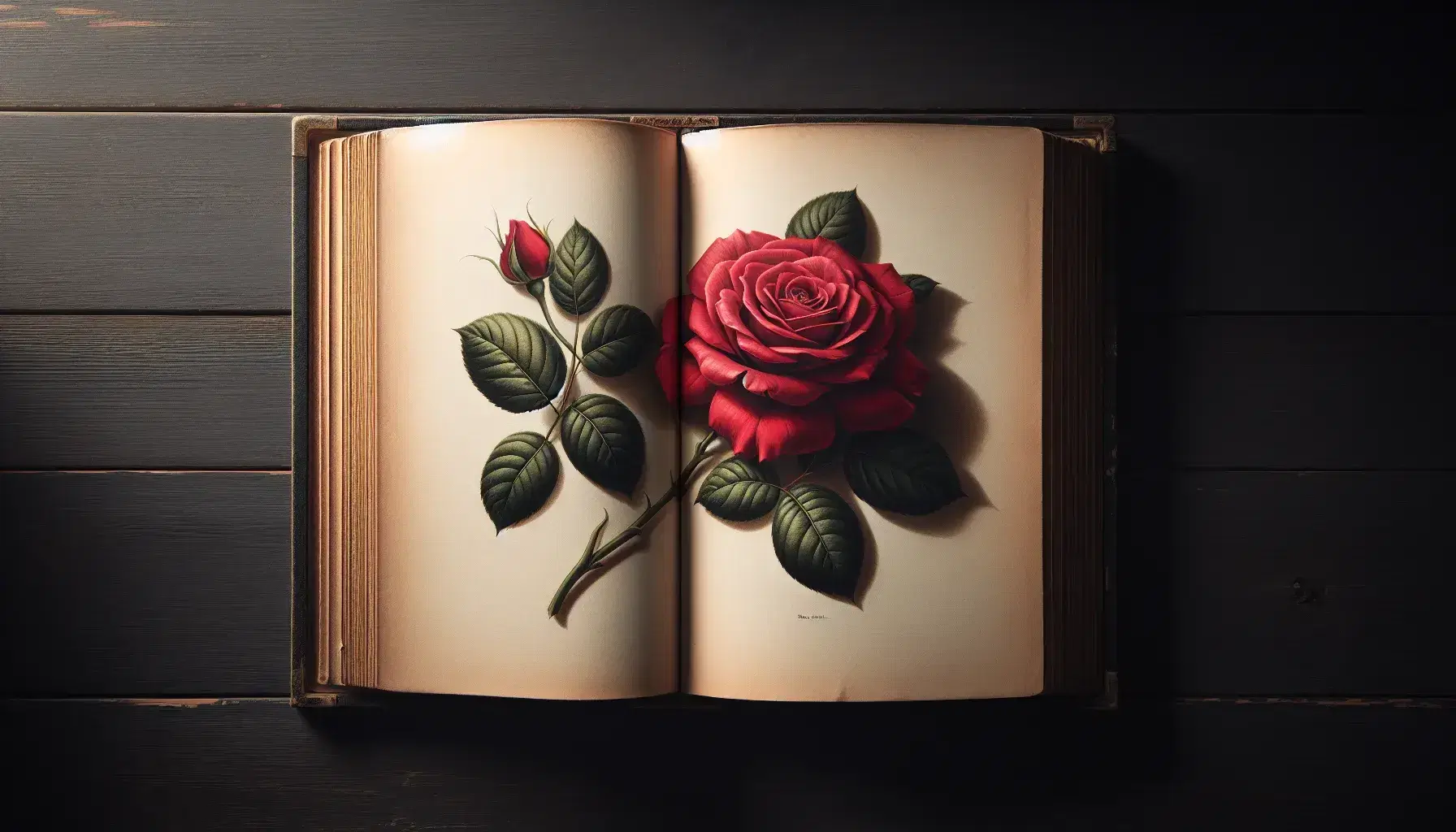 Vintage hardcover book open on dark wooden table with yellowed pages and a red rose in full bloom placed diagonally across.