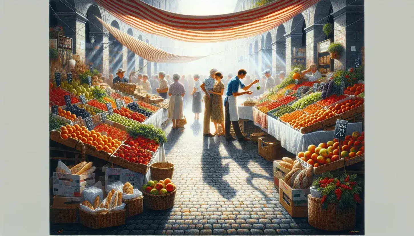 Mercato all'aperto con banco frutta e verdura, venditore in camicia blu e cliente, altre bancarelle sfocate sullo sfondo, luce solare e ombre.