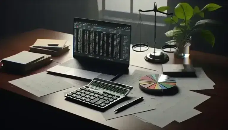 Scrivania in legno con laptop spento, calcolatrice scientifica, fogli con grafici, bilancia di precisione e vaso con pianta verde.