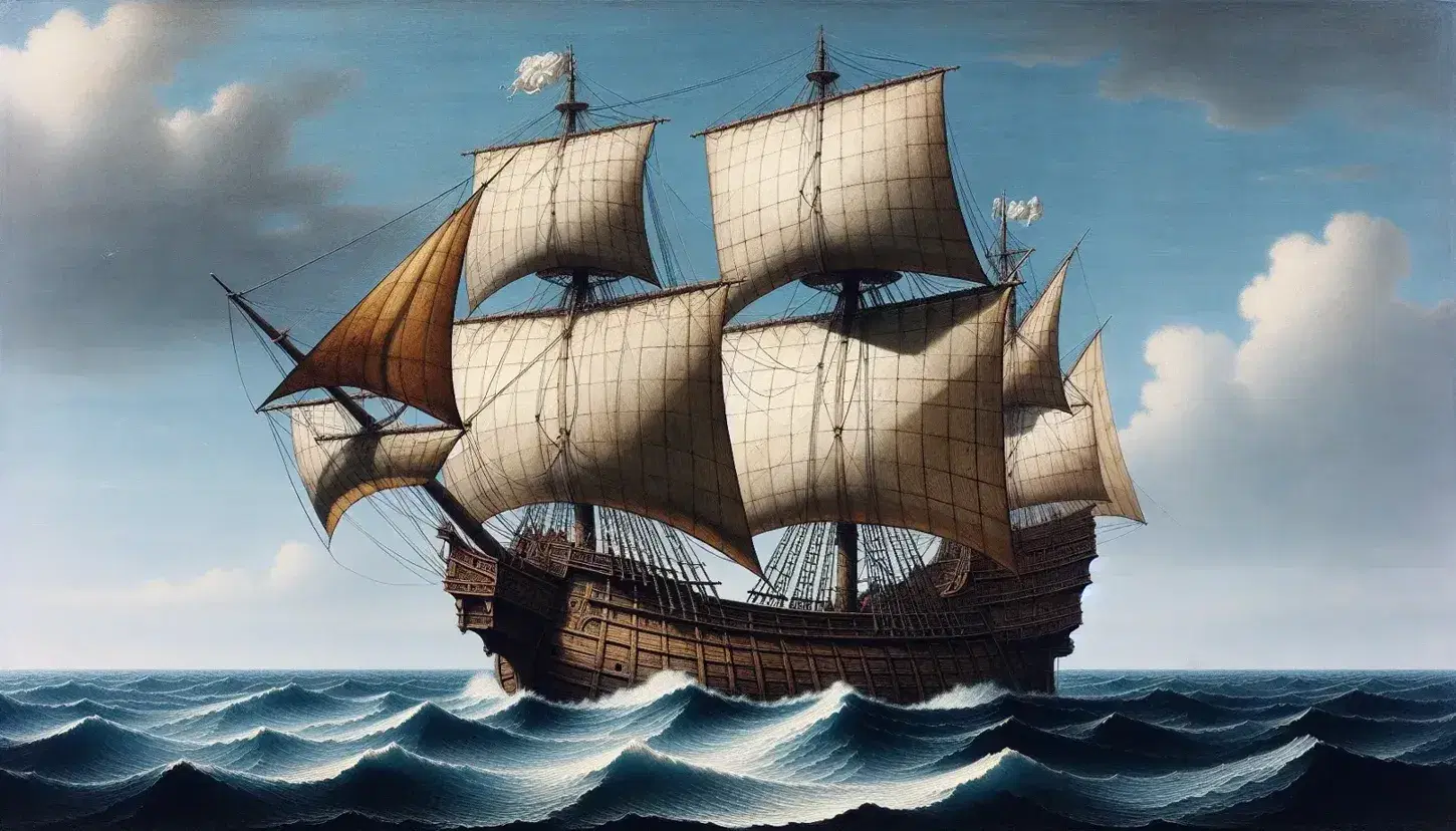 Caravella del XV secolo in navigazione su mare azzurro con vele quadre gonfie e dettaglio prua scolpita.