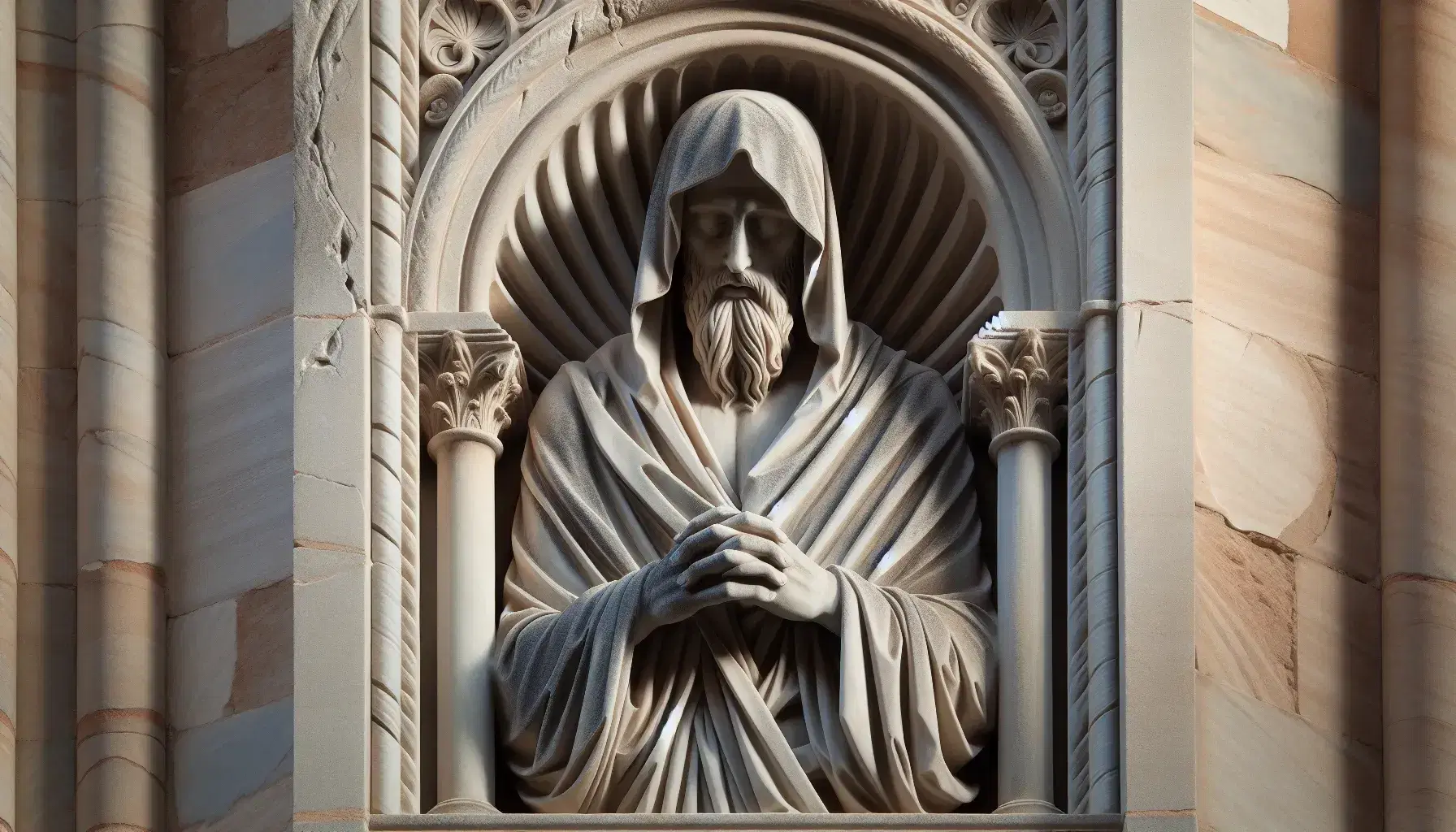 Scultura in rilievo di figura umana in stile romanico sulla facciata del Duomo di Modena, opera di Wiligelmo, con dettagli di drappeggio e texture granulare.