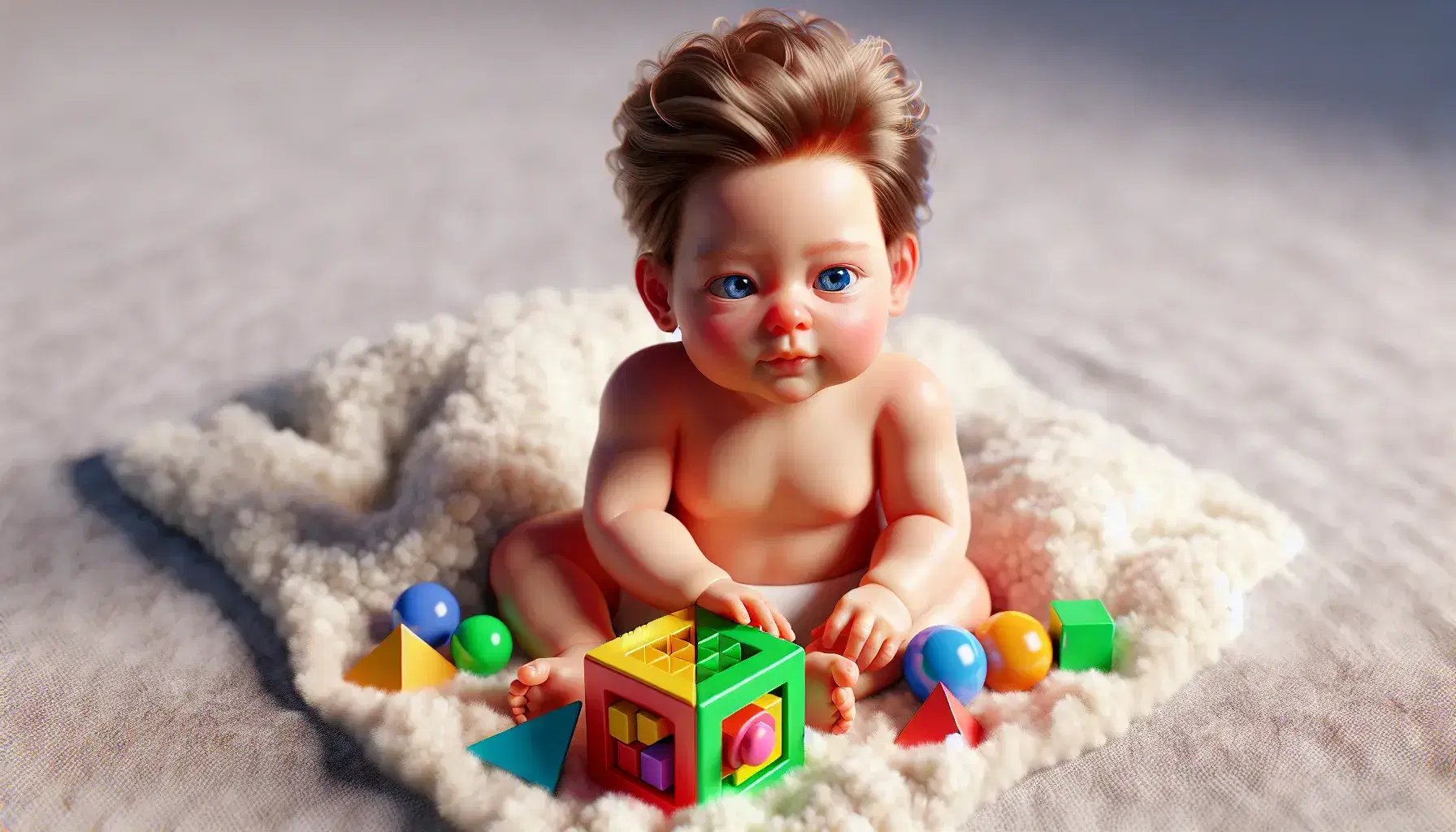 Infant with light peach skin and wispy brown hair sits on a white blanket, intently playing with a colorful geometric shape sorter toy.