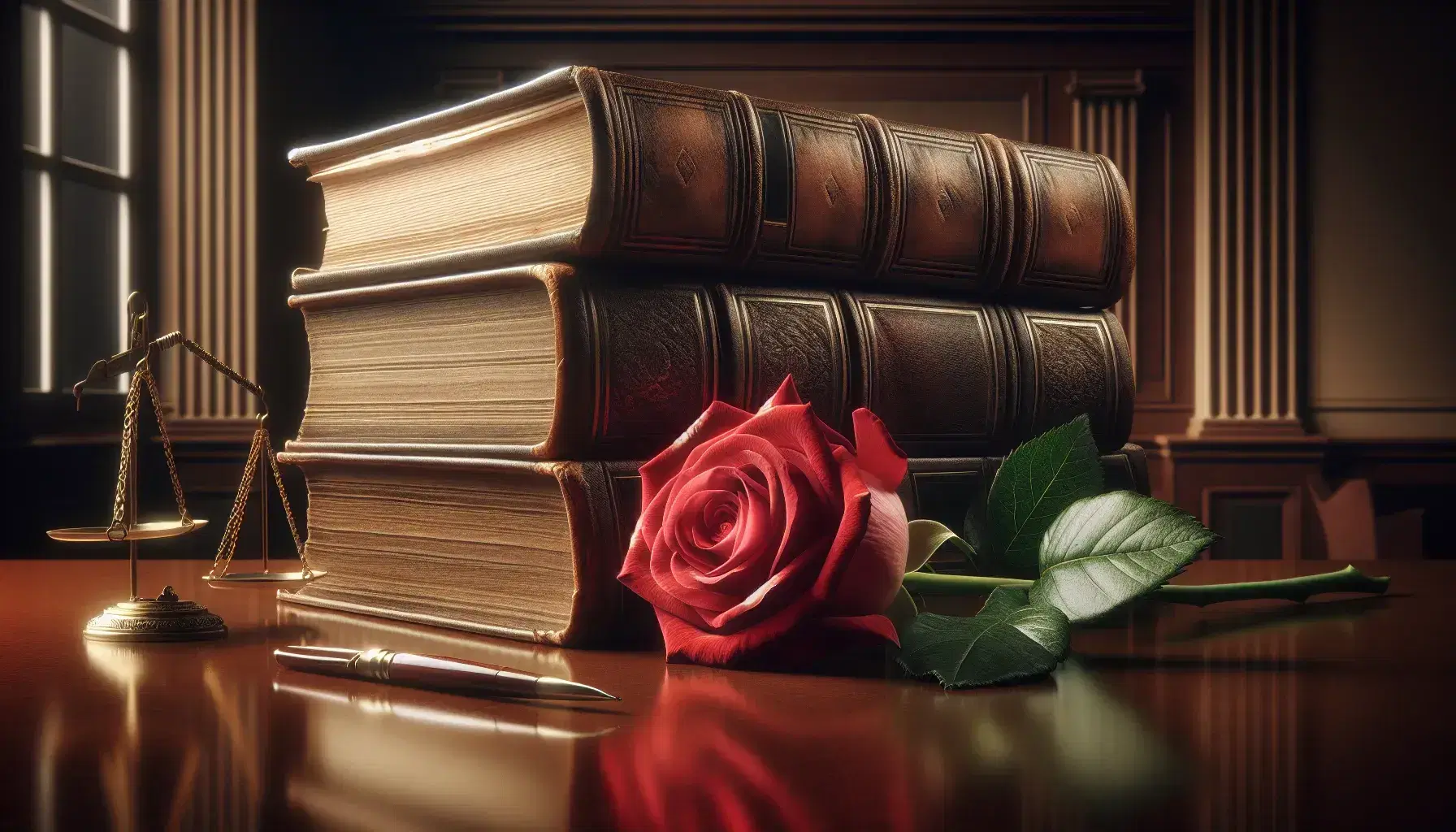 Aged leather-bound books on a polished surface beside a vibrant red rose, with a blurred courtroom background, highlighting a contrast of textures and history.