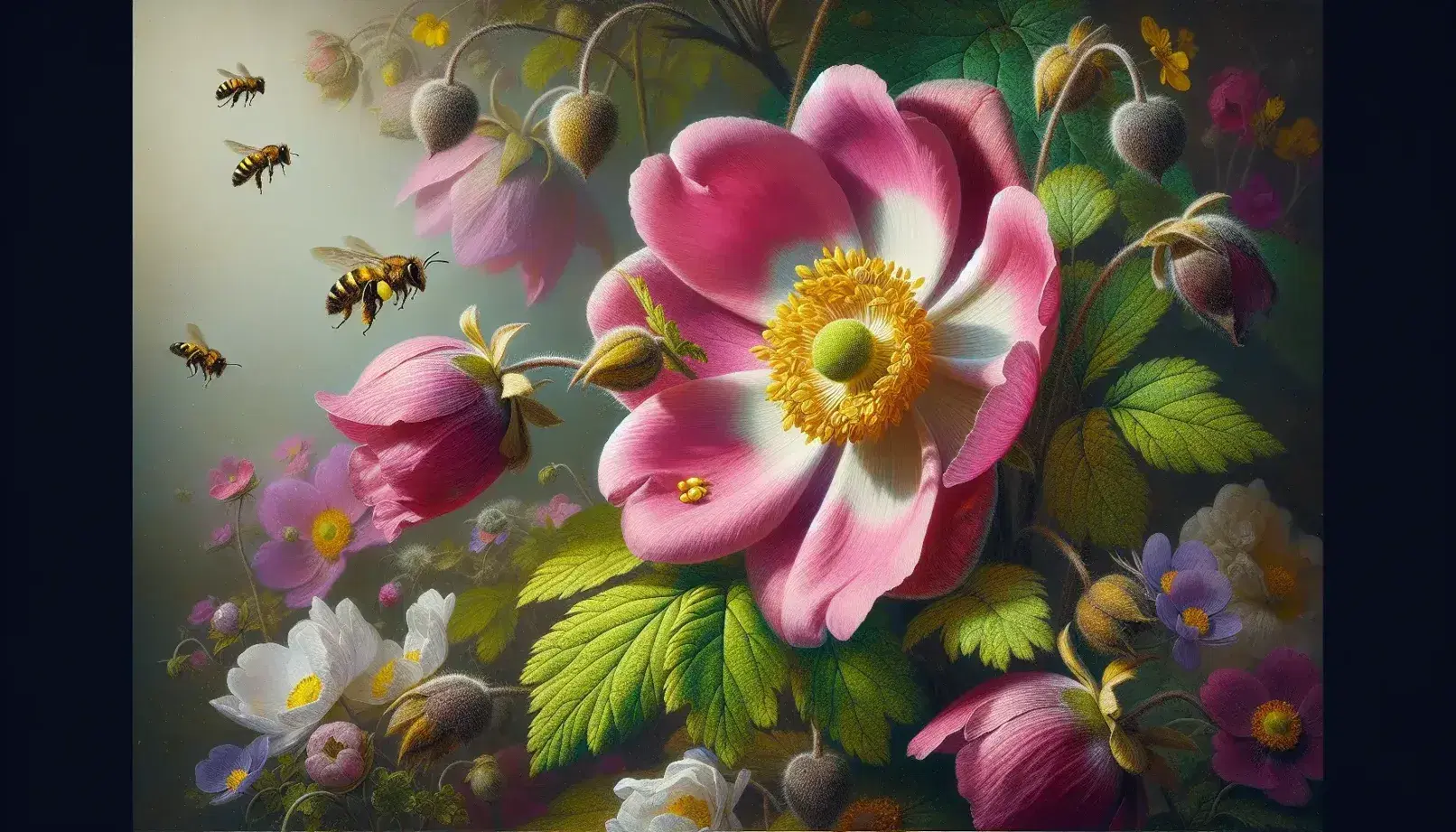 Flor rosa con centro amarillo y hojas verdes, abeja volando hacia ella en un fondo desenfocado de vegetación.