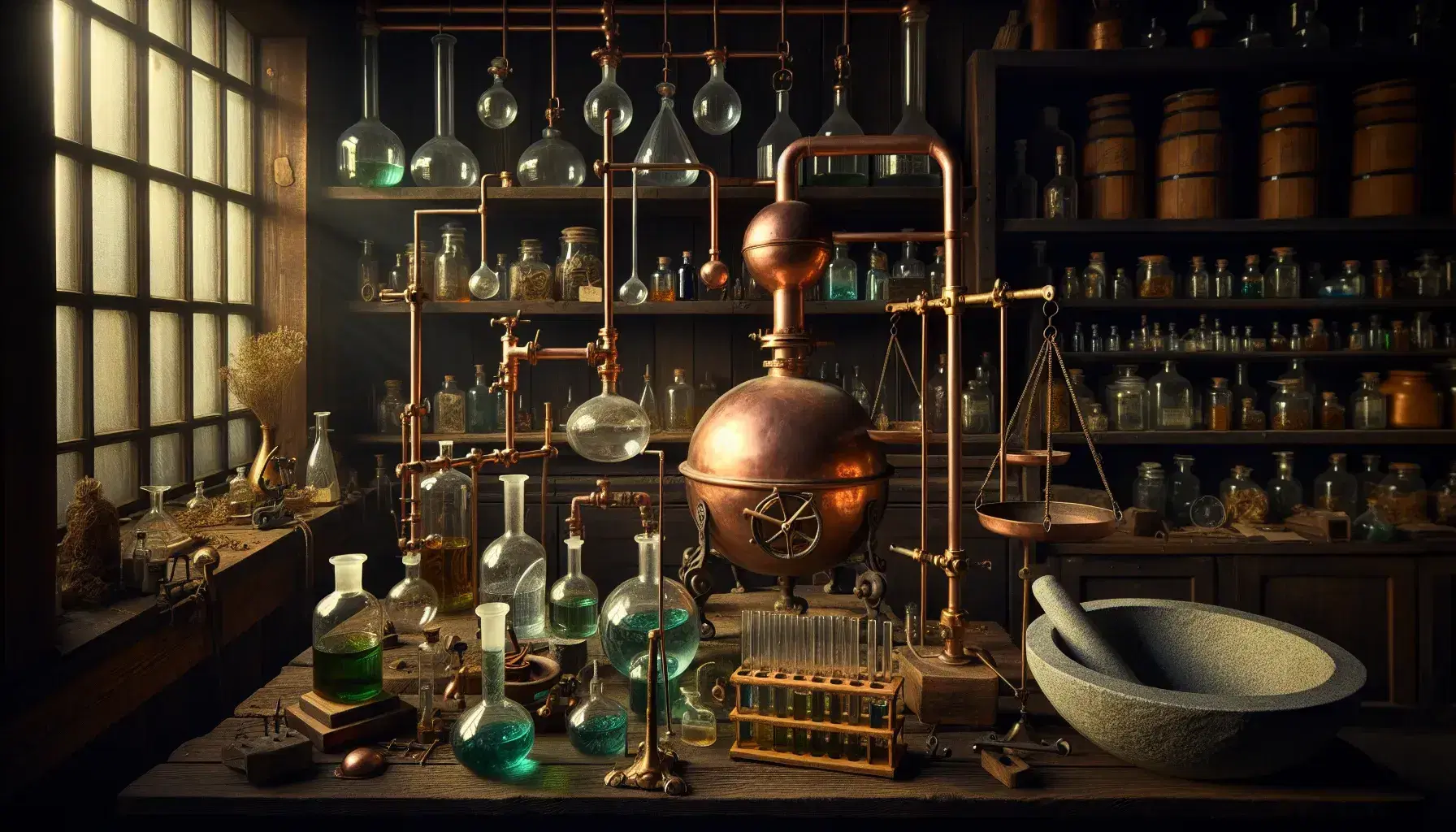 Laboratorio antiguo con instrumentos de vidrio, destilador de cobre, balanza y frascos en estantes, bajo luz natural.