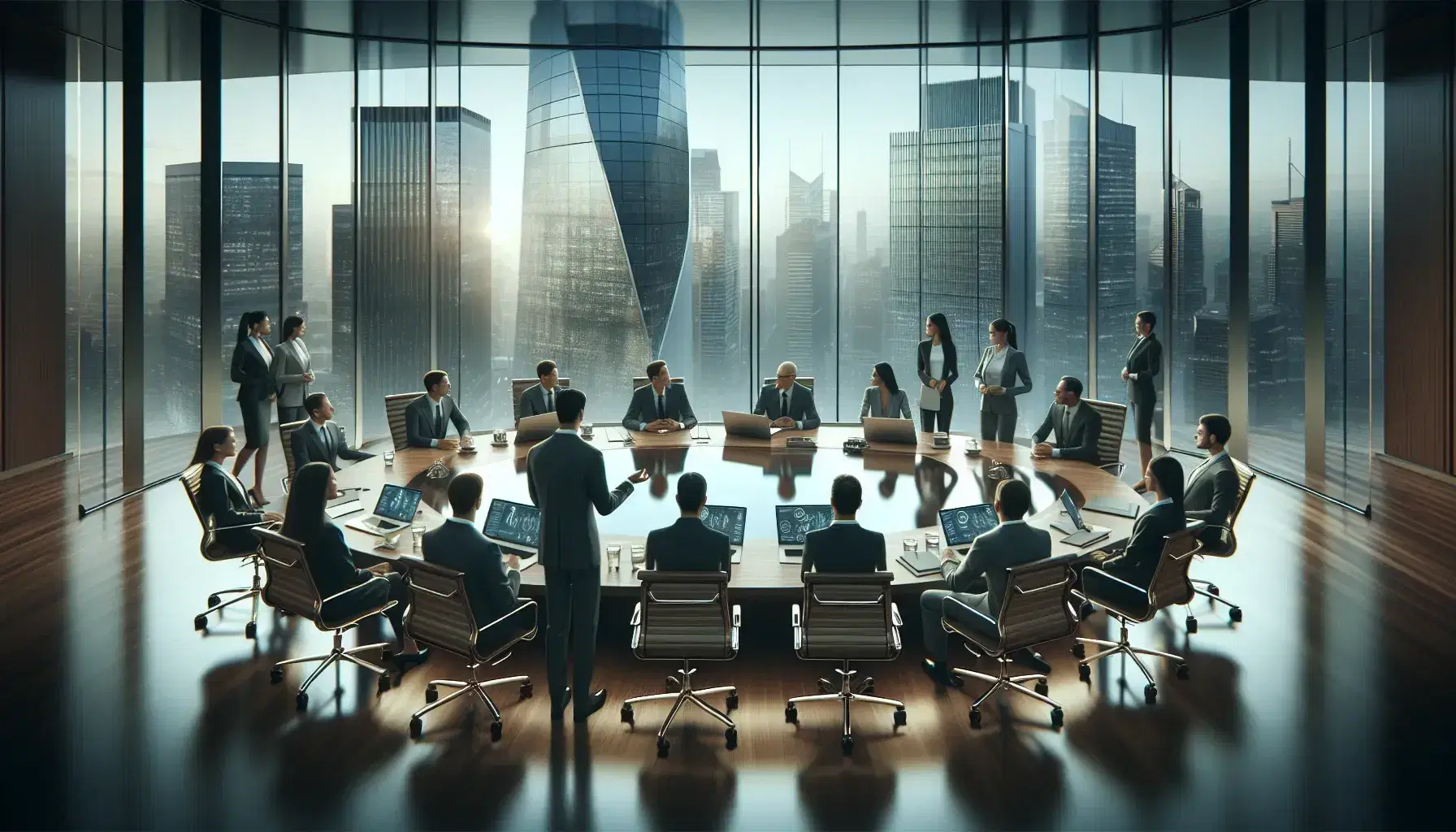 Professionals in business attire engage in a lively discussion around an oval conference table with laptops in a modern office with cityscape views.