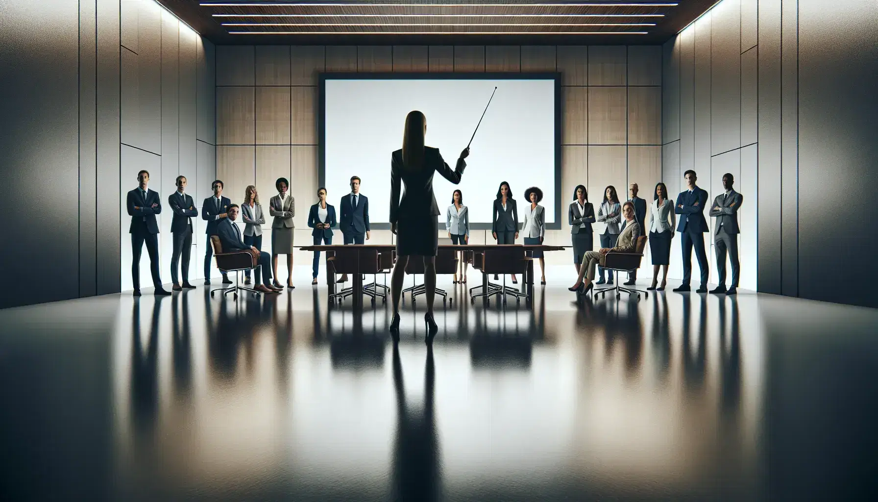 Grupo diverso de profesionales atentos a una presentación en una sala de conferencias moderna, con una mujer señalando una pantalla en blanco.