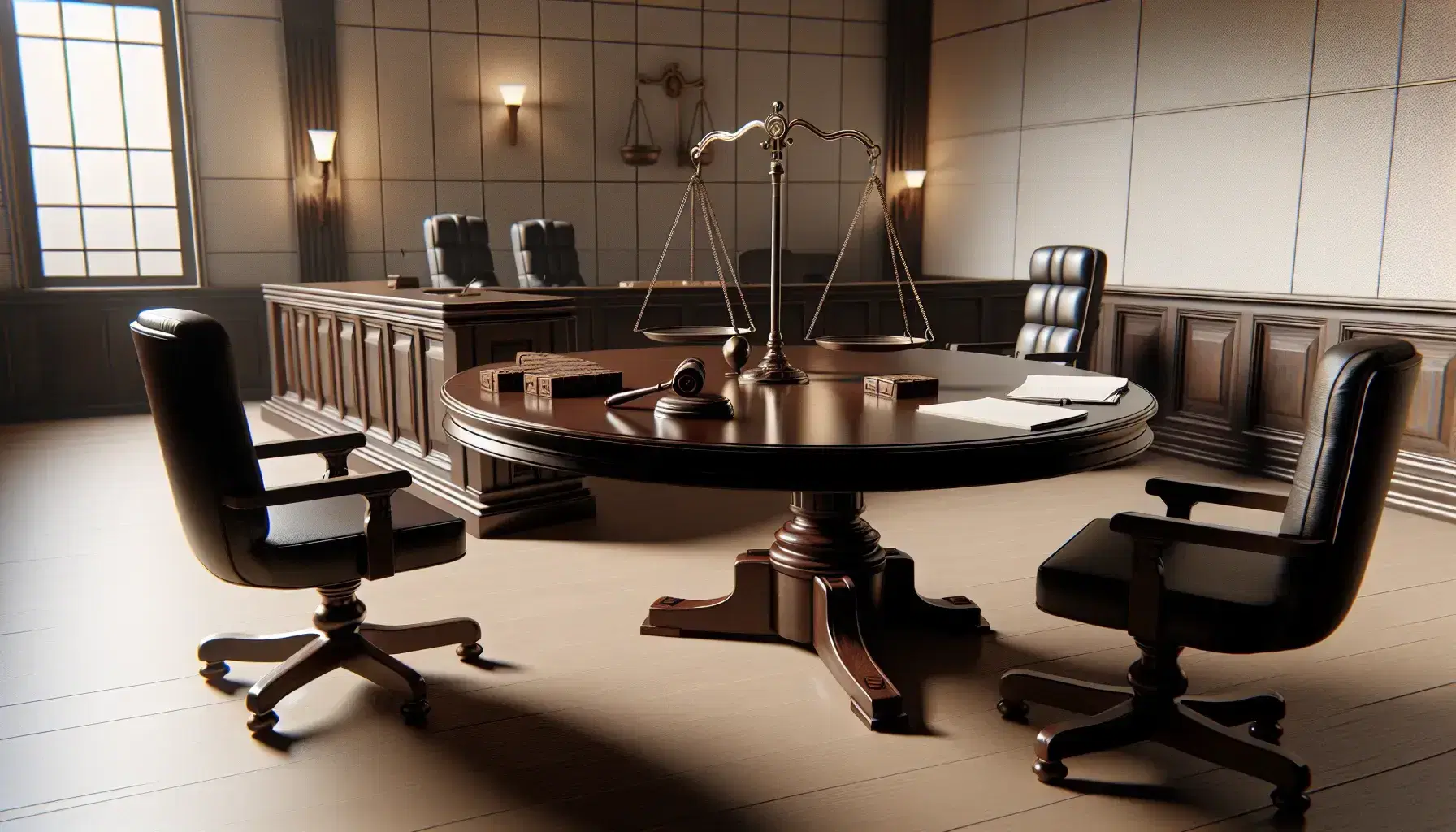 Escena de sala de juicio con mesa de madera, mazo, gafas, papeles, silla de cuero negro y balanza de justicia en equilibrio.