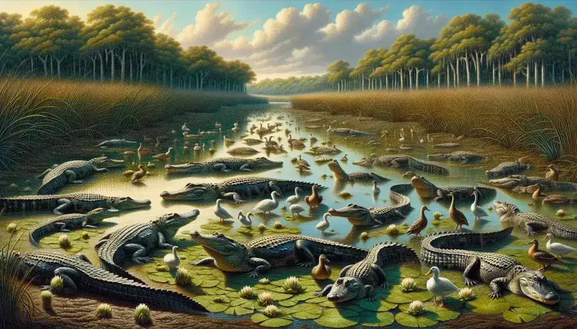 Lush wetland ecosystem with American alligators sunbathing, waterfowl swimming among water lilies, and a dense tree canopy under a clear blue sky.