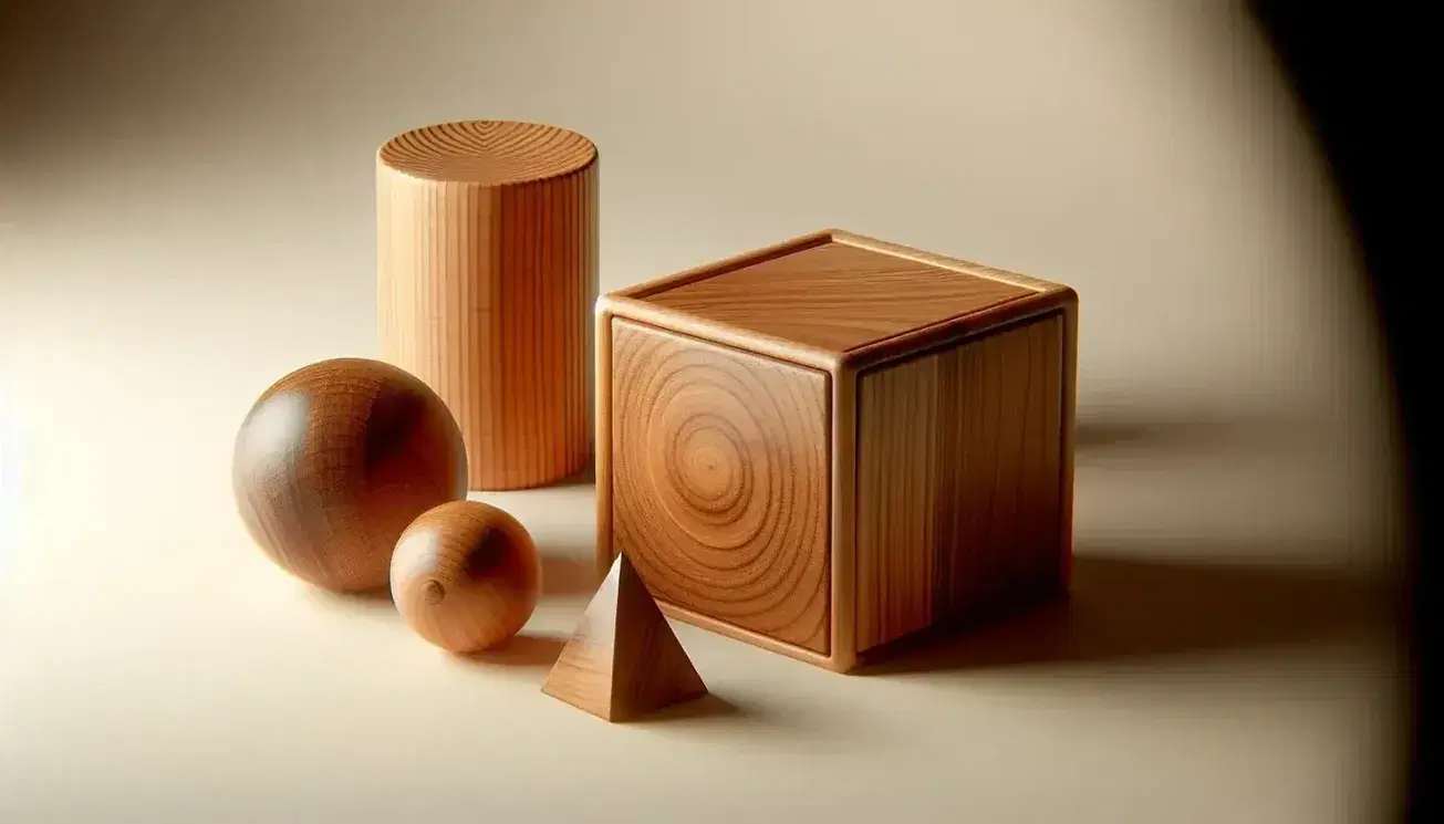 Conjunto de figuras geométricas de madera en 3D sobre superficie clara, incluyendo un cubo, esfera, cilindro, cono y pirámide, con sombras suaves.