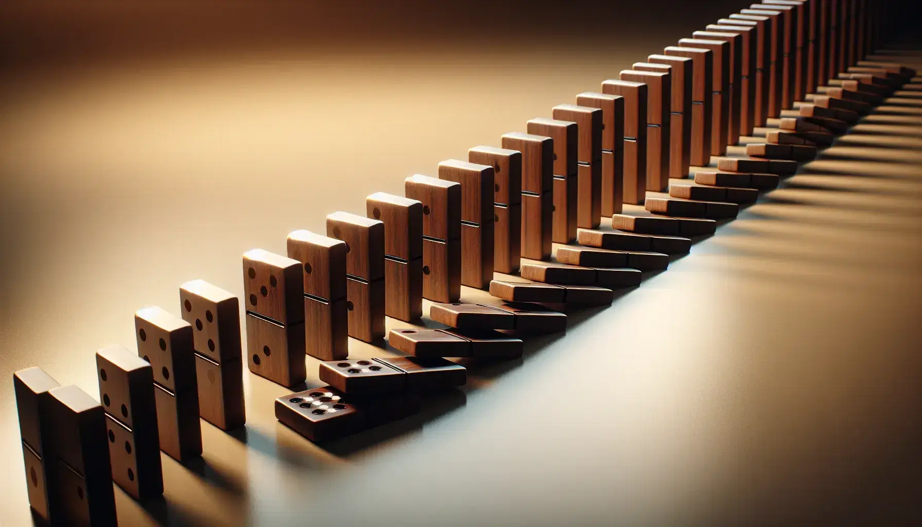 Curved line of upright wooden dominoes on a matte surface with the first piece tilted, ready to fall and start a chain reaction, reflecting soft light.
