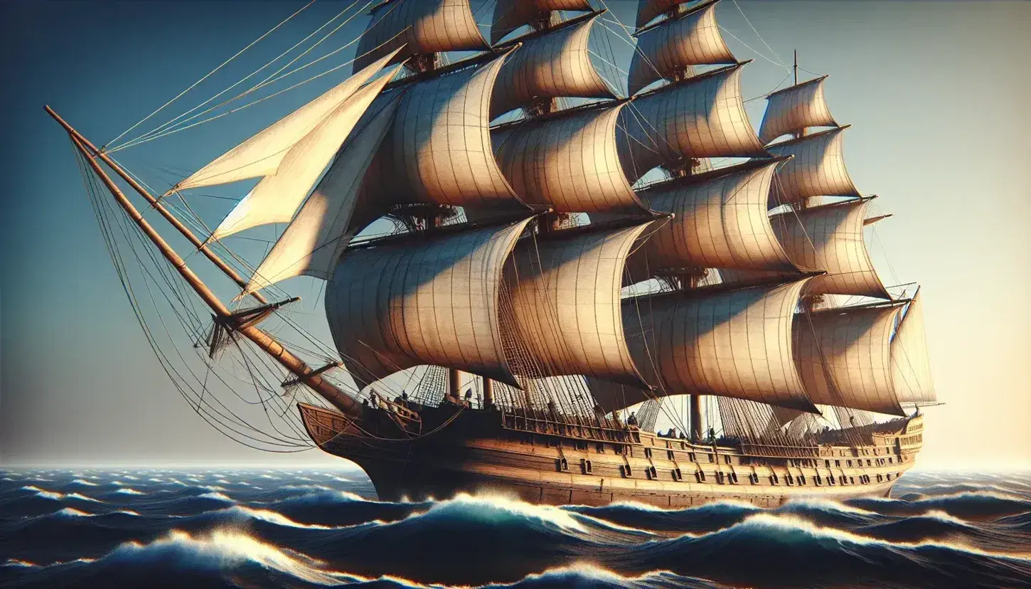 Vintage wooden three-masted sailing ship with billowing sails on the open sea, crew on deck, near coastal outline under a gradient blue sky.