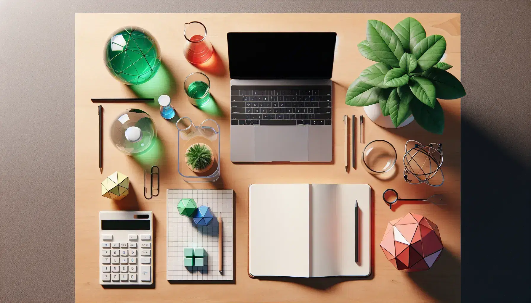 Organized desk with open laptop, beaker with green and blue liquids, colorful geometric shapes, plant and calculator.