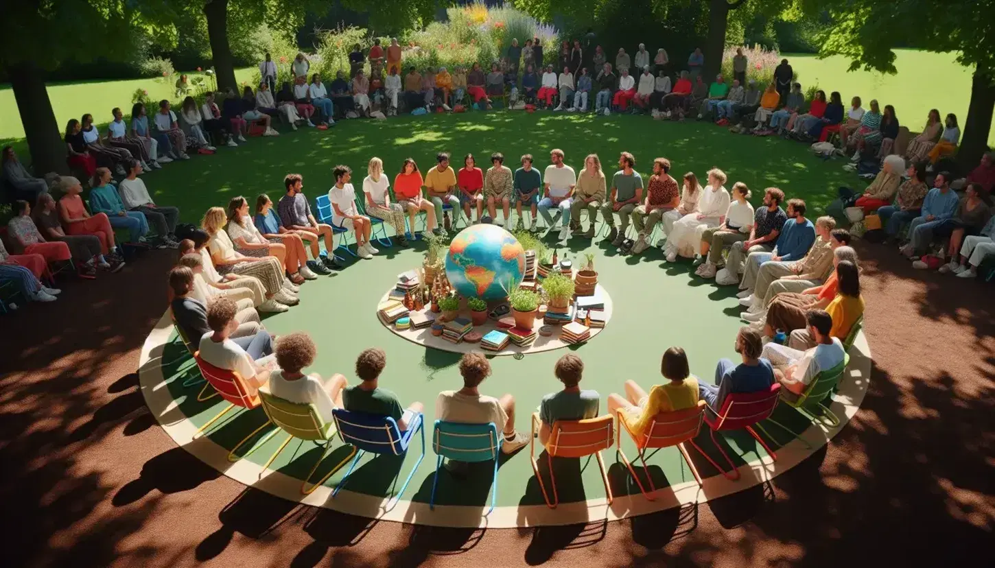 Gruppo multietnico seduto in cerchio su sedie colorate all'aperto con globo, pianta e libri al centro, in un contesto naturale e sereno.