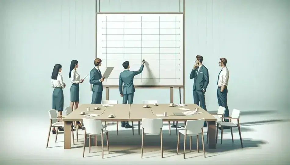 Grupo de cinco profesionales colaborando en una sala de reuniones con una pizarra blanca vacía y una mesa de conferencia con tazas de café y material de escritura.