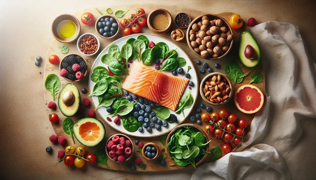 Plato de salmón a la parrilla con ensalada verde y tomates cherry, acompañado de aguacate, frutos secos, frutos rojos y tiras de pimientos.