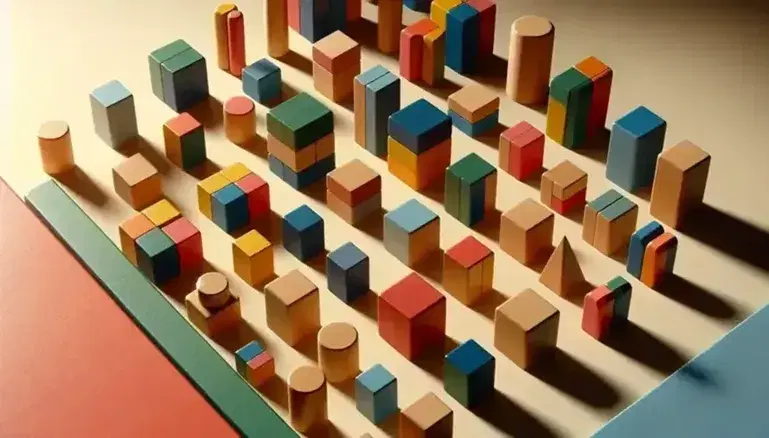 Bloques de madera geométricos en colores variados y tamaños dispuestos en patrón sobre superficie lisa, sin texto visible.