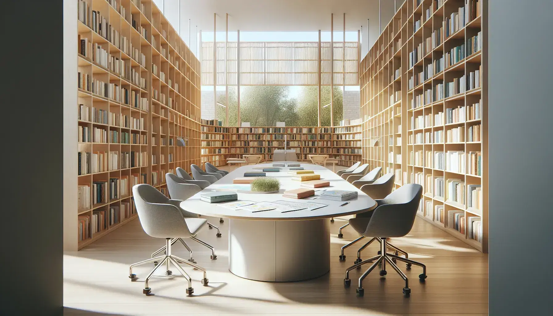 Biblioteca moderna con scaffali in legno chiaro e libri colorati, tavolo ovale bianco con sedie ergonomiche grigie, finestra con luce naturale.
