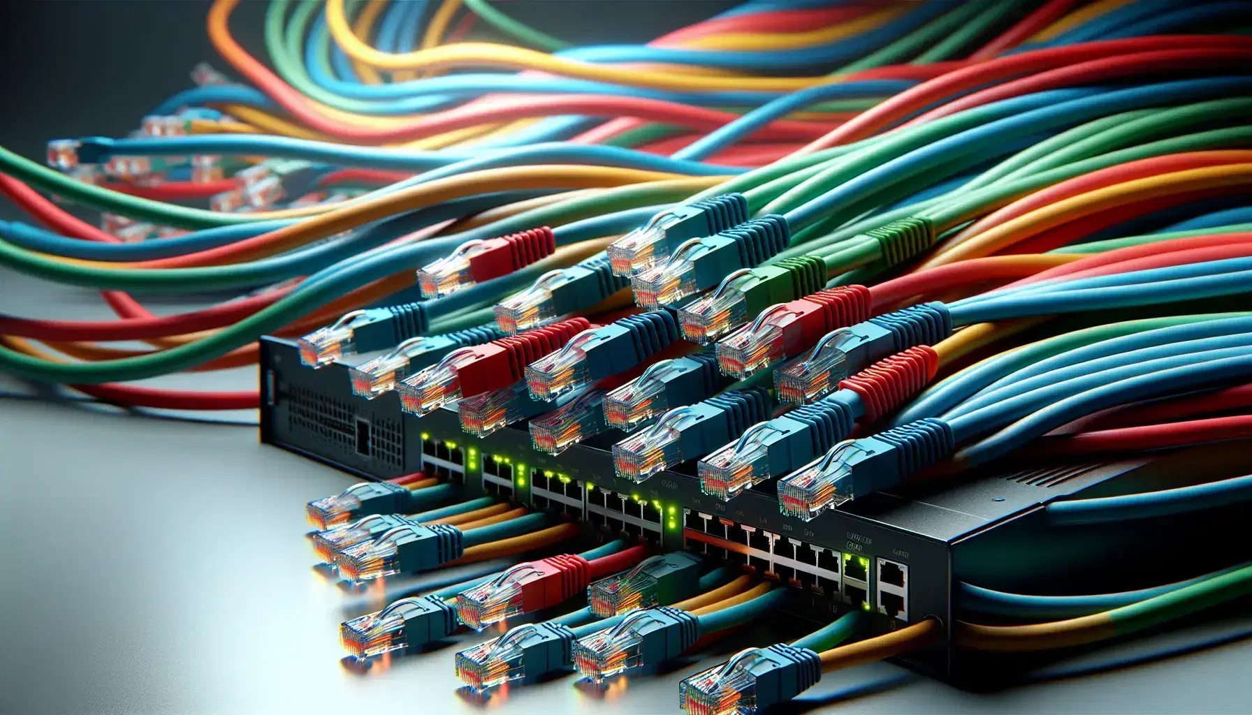 Cables de red de colores entrelazados con conectores RJ45 conectados a un dispositivo de red con luces LED verdes y naranjas.