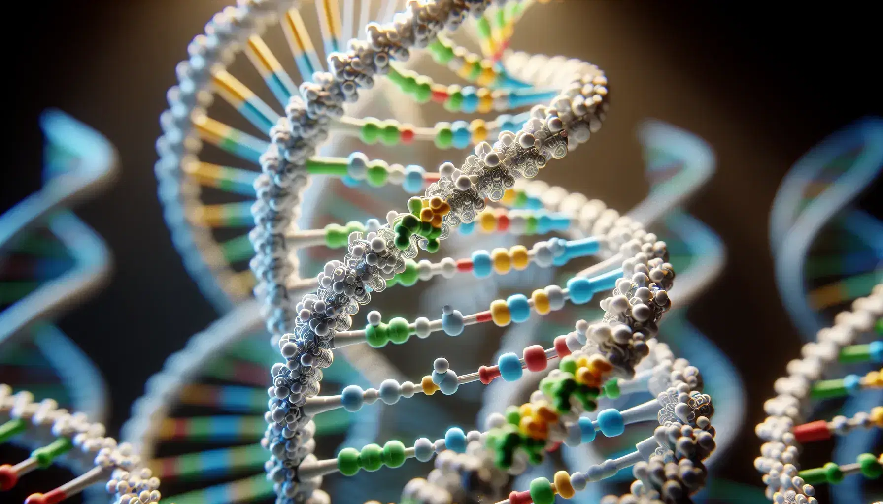 Three-dimensional model of double helix DNA with alternating sugars and phosphates and paired nitrogenous bases, adenine-green, thymine-red, cytosine-blue, guanine-yellow.