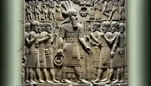 Ancient Mesopotamian bas-relief depicting a procession of deities with detailed robes, some with animal heads and wings, and a central figure with a horned headdress.