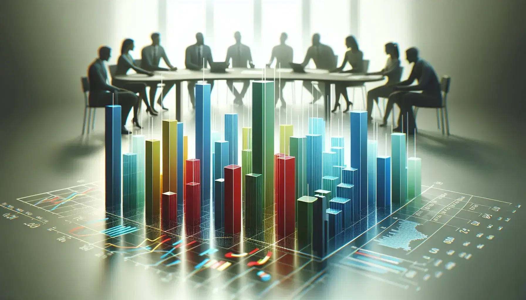 Grafici a barre tridimensionali colorati su piano cartesiano trasparente con sfondo di professionisti in riunione, atmosfera serena e concentrata.