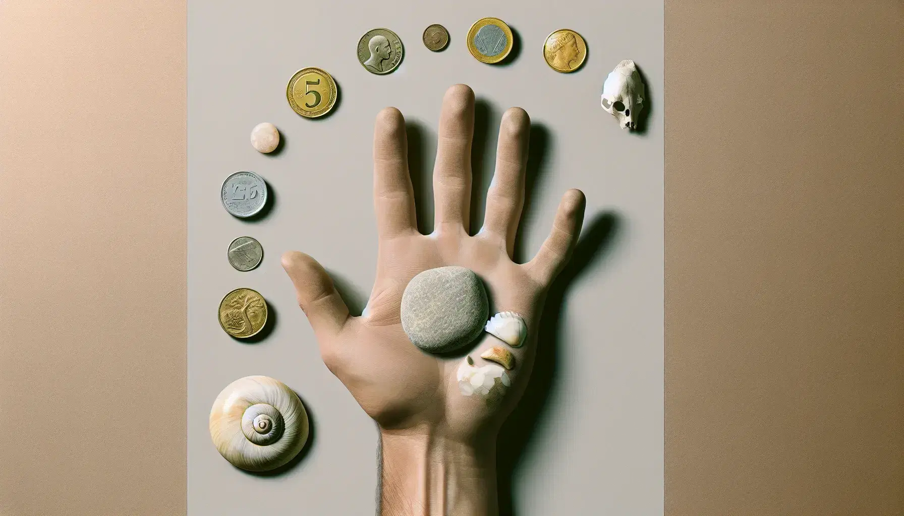 Mano aperta con evoluzione della moneta: pietra, conchiglia, monete oro e argento, banconota piegata e carta di credito blu su sfondo chiaro.