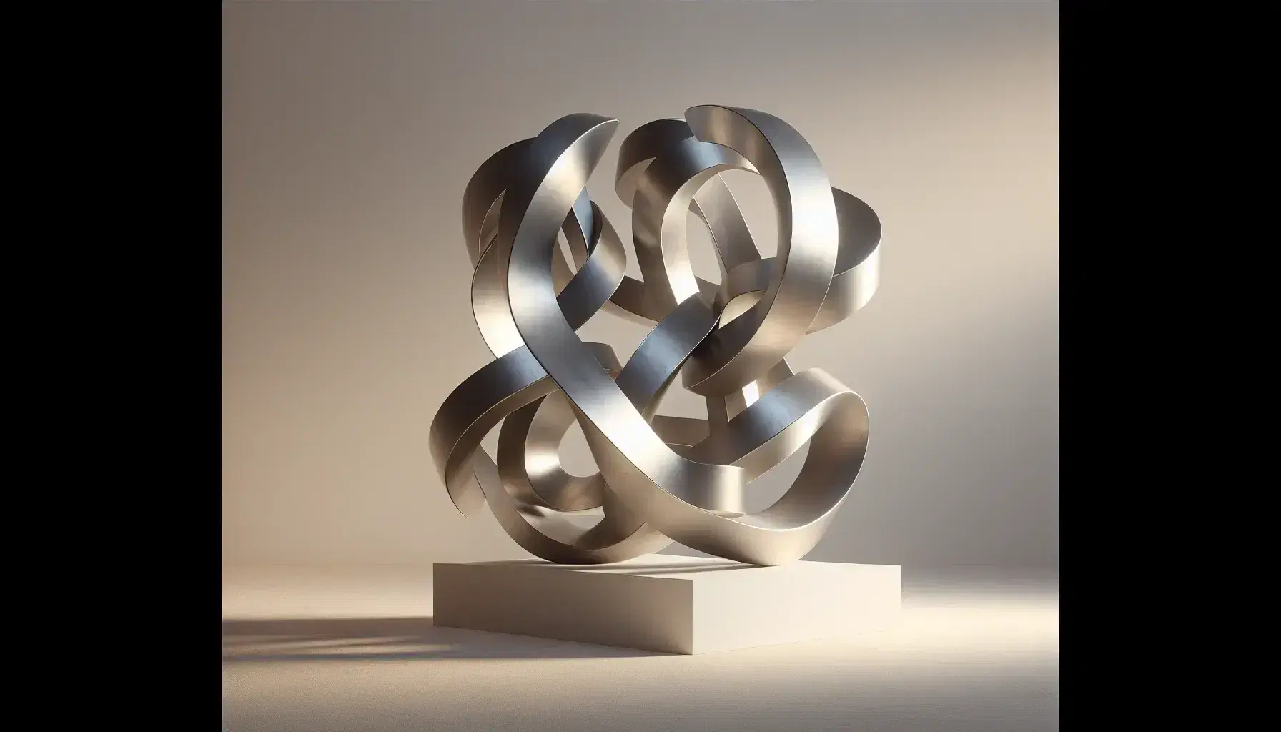 Escultura abstracta de metal con formas entrelazadas en pedestal blanco, reflejando luz ambiental y creando sombras suaves, sin elementos distractores.