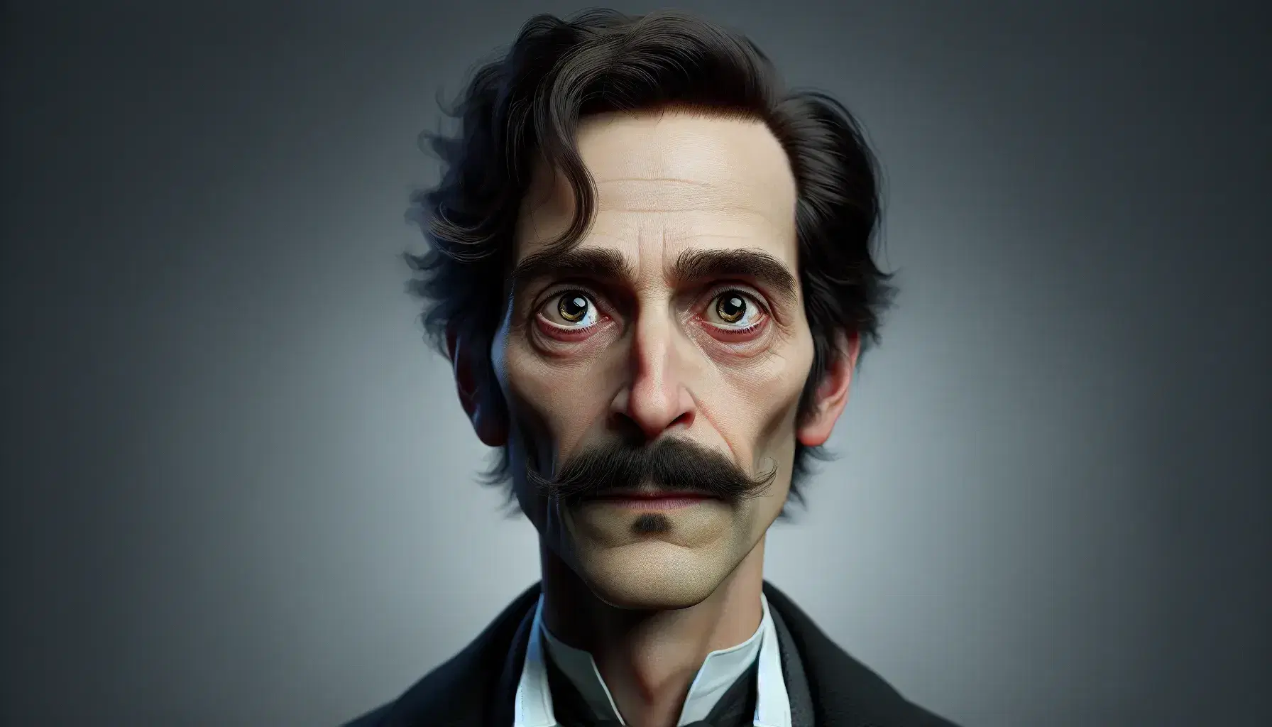 Ritratto fotorealistico di uomo eccentrico con pelle matura, baffi lunghi e ritorti, vestito formale nero e cravatta su sfondo neutro.