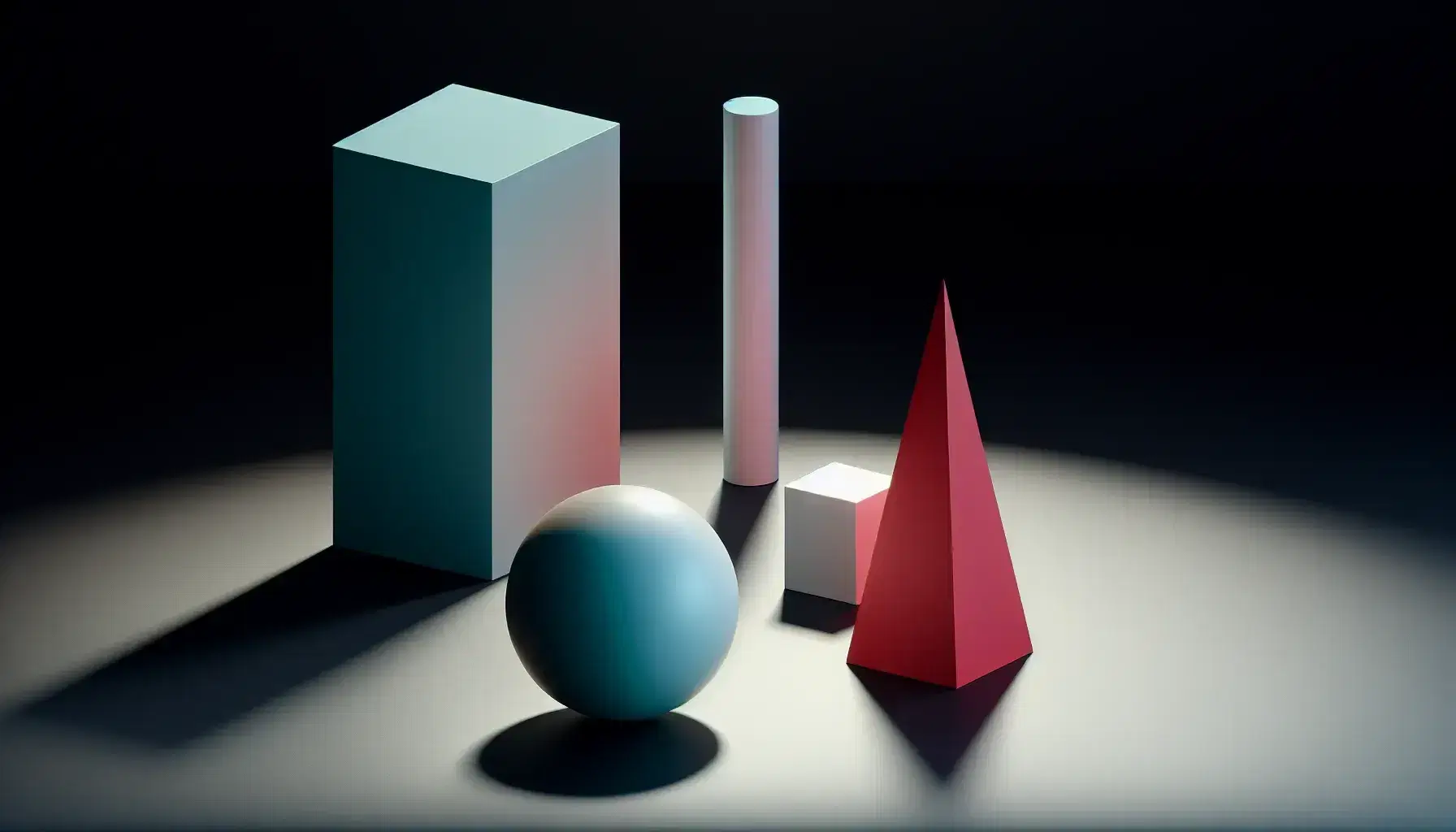 Collection of geometric shapes with a white sphere, red cone, cyan cylinder, yellow cube, and green pyramid on a black surface, showcasing light and shadow interplay.