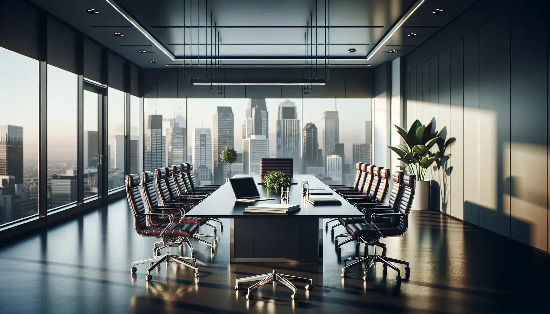 Modern corporate conference room with polished dark wood table, burgundy leather chairs, laptop, papers, water glass, and potted plant, against a cityscape backdrop.