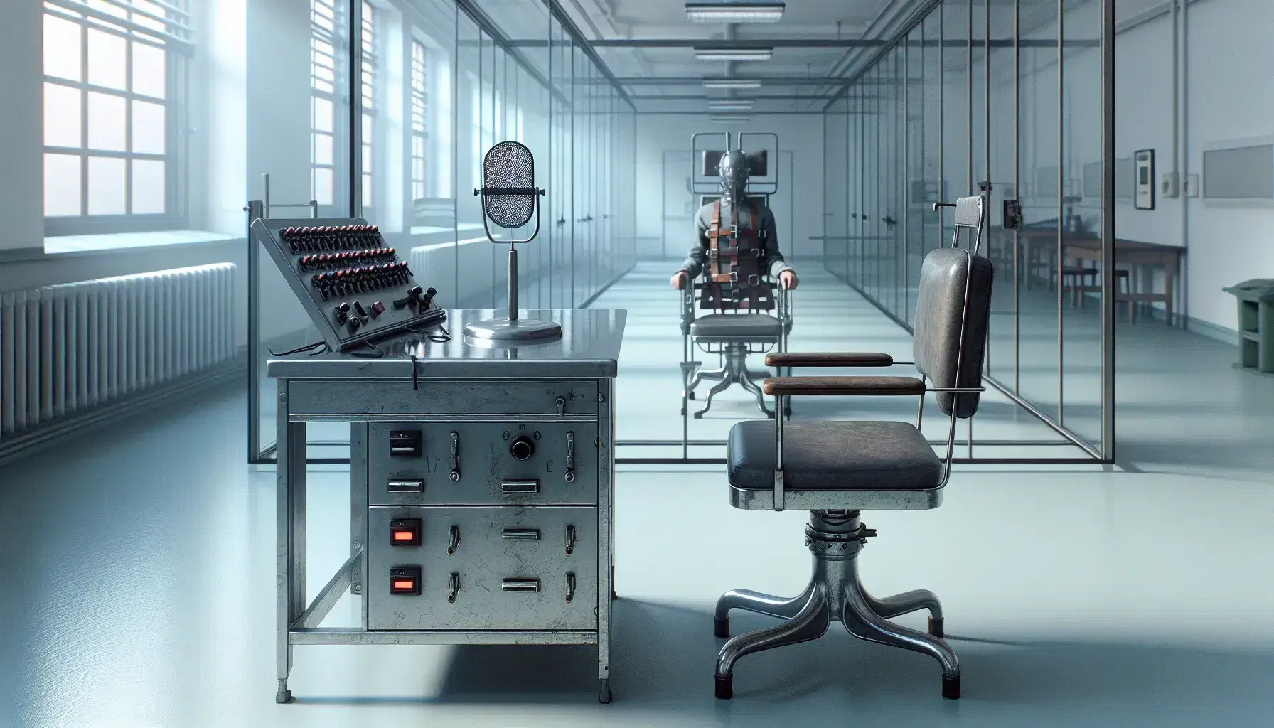 Austere clinical laboratory with vintage metal desk, antique microphone, chair with leather cushion and restraint chair with straps.