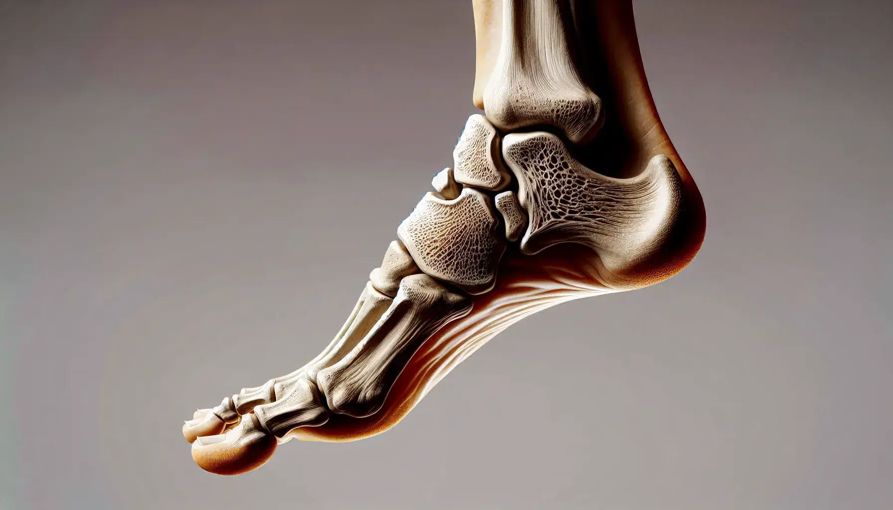 Pie humano en posición anatómica mostrando arco plantar, maléolos y perfil lateral sobre fondo neutro.
