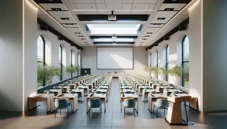 Aula universitaria vuota con banchi chiari in fila, sedie blu, lavagna bianca, podio in legno e finestre con vista su alberi.
