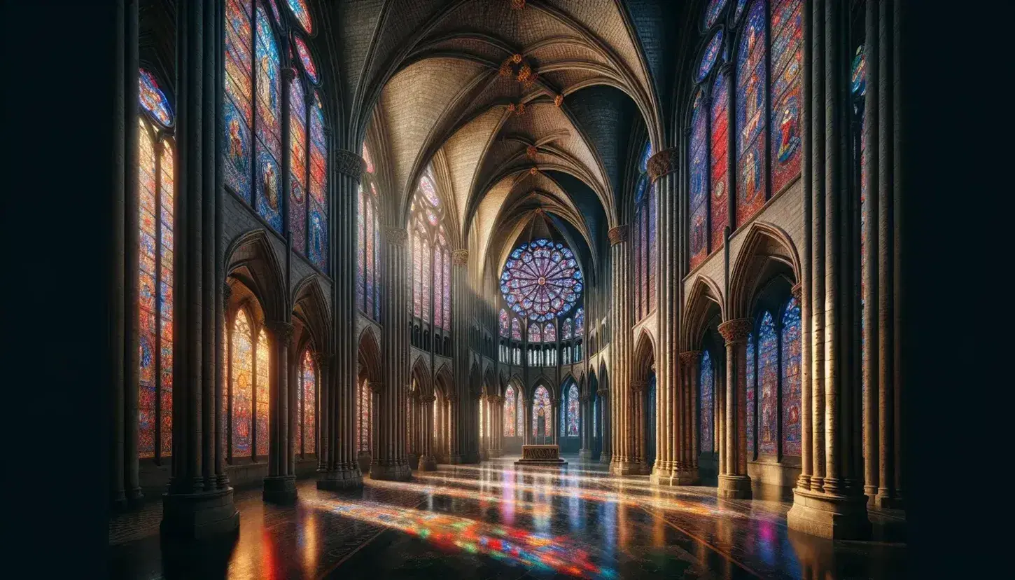 Interno di cattedrale gotica con colonne slanciate, vetrate policrome, volta a crociera e altare scolpito nell'abside.
