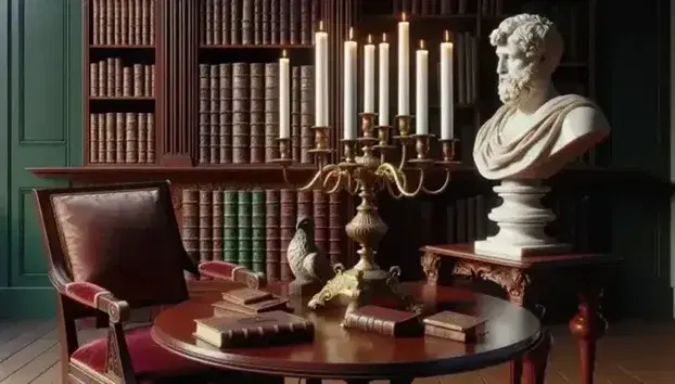 Escena de habitación del siglo XIX con mesa redonda de madera oscura y candelabro de bronce, silla con cojines de terciopelo rojo, estantería con libros antiguos y busto de mármol.
