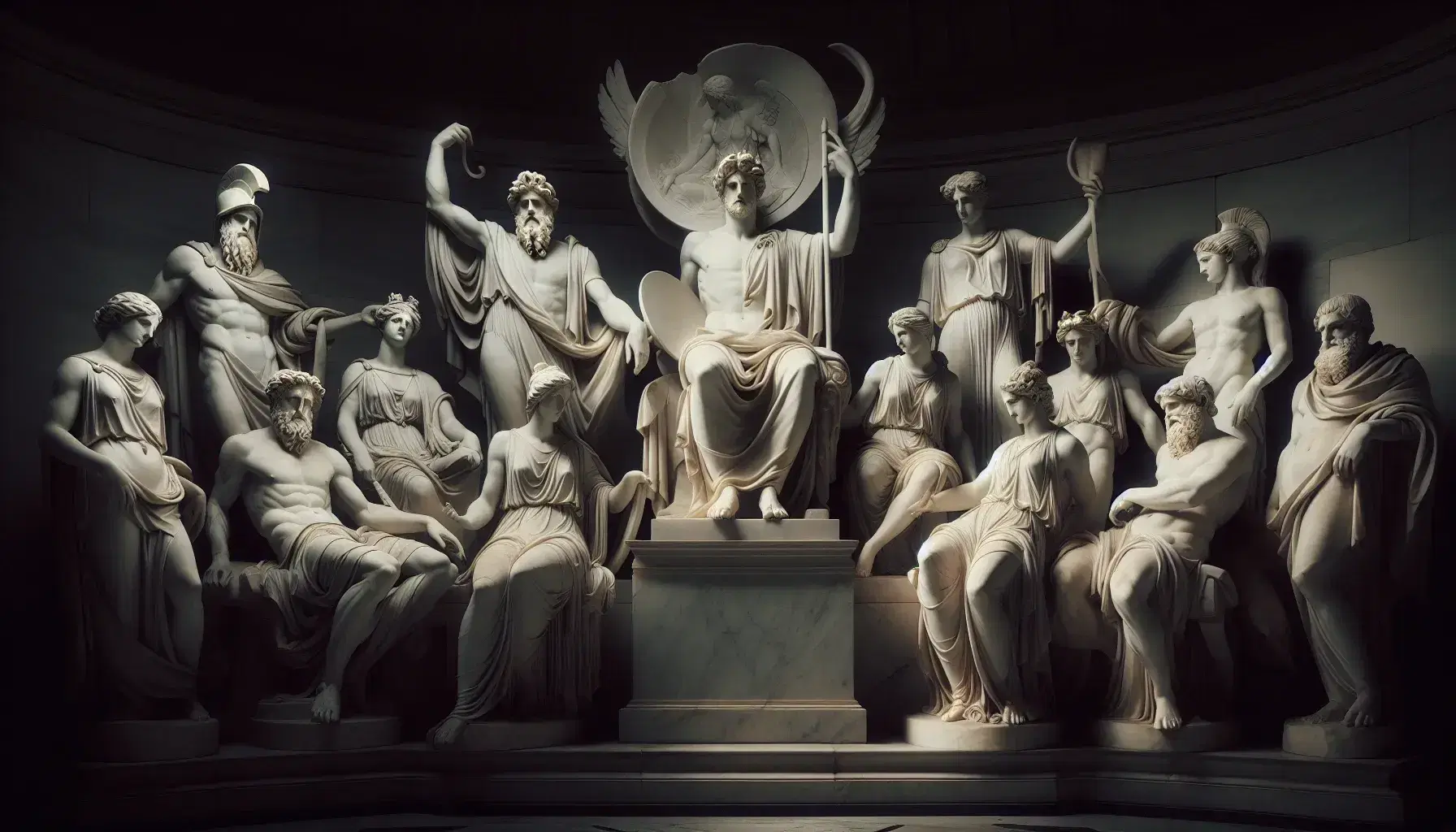 Gruppo scultoreo in marmo dei dodici dei Olimpici con Zeus al centro, Athena con elmo e scudo, e Apollo con lira, in ambiente interno.