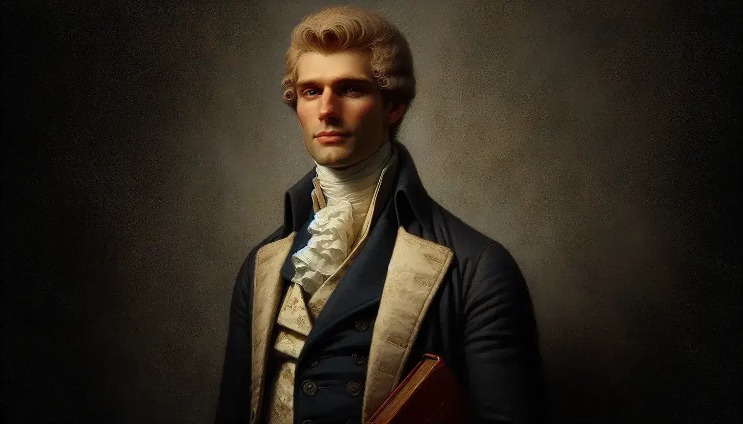 18th-century politician in navy tailcoat and cream waistcoat, holding a red book, with powdered hair and a serious gaze, against a dark backdrop.