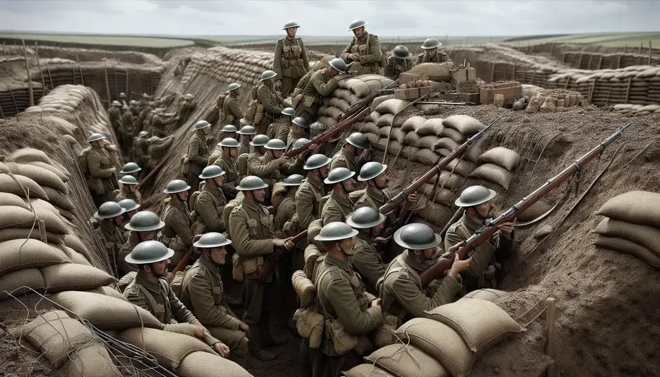 Soldati italiani in uniforme della Prima Guerra Mondiale all'interno di una trincea rinforzata con sacchi di sabbia e reti metalliche, armati di fucili a canna lunga.