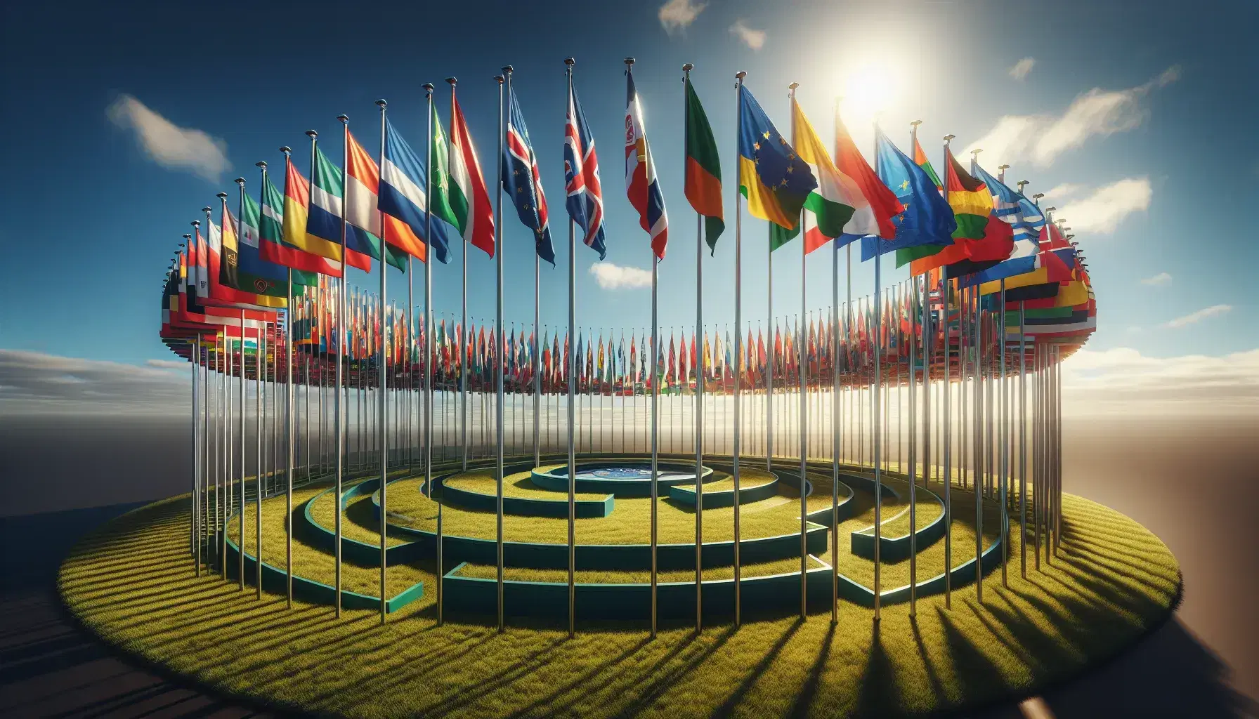 Bandiere nazionali europee disposte in cerchio su prato verde con cielo azzurro e nuvole sparse, intorno a una struttura circolare centrale.