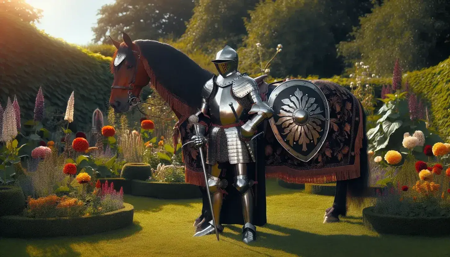 Cavaliere medievale in armatura completa accanto a cavallo bardato in giardino fiorito, con lancia e scudo circolare.
