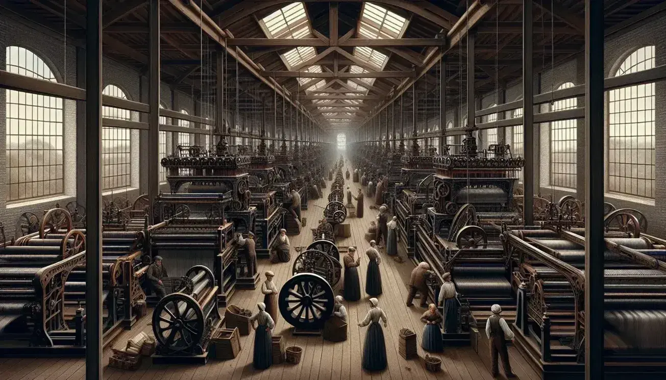 Fábrica textil de la Revolución Industrial con operarios entre maquinaria de tejido, vigas de madera y rueda hidráulica.