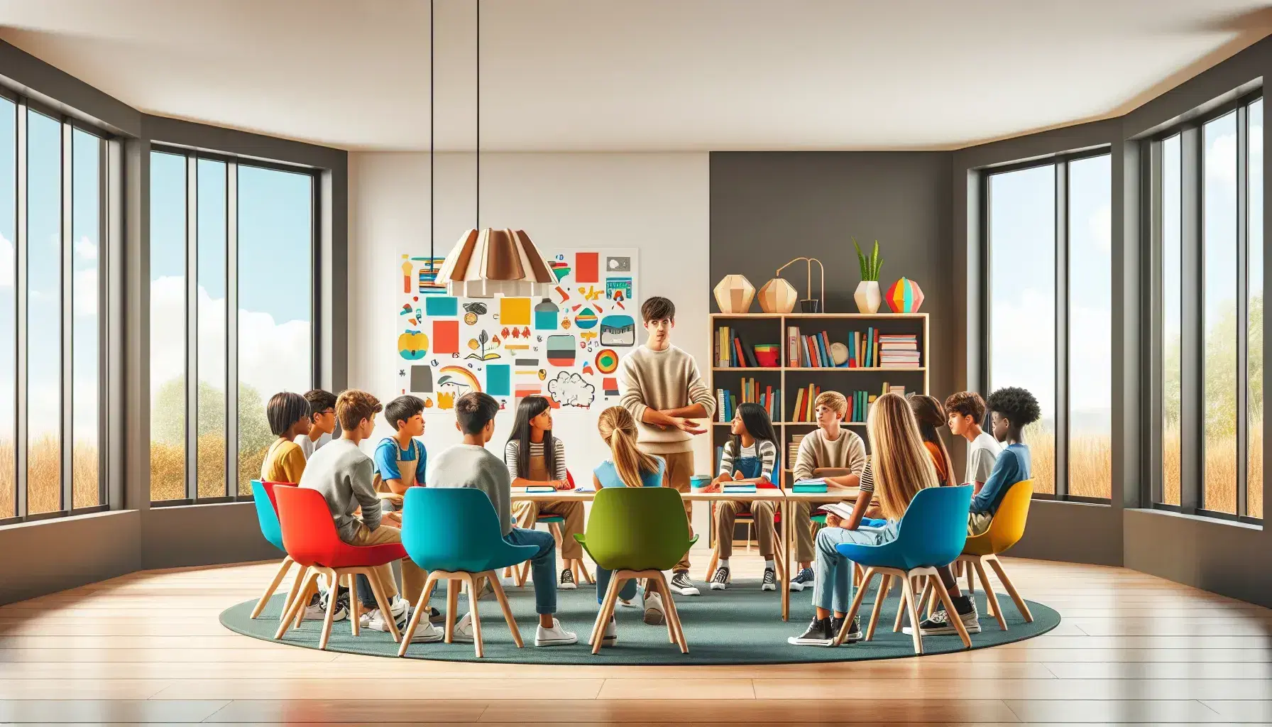 Aula scolastica colorata con studenti di diverse etnie seduti in cerchio su sedie ergonomiche, insegnante in ascolto, pareti decorate e libreria.
