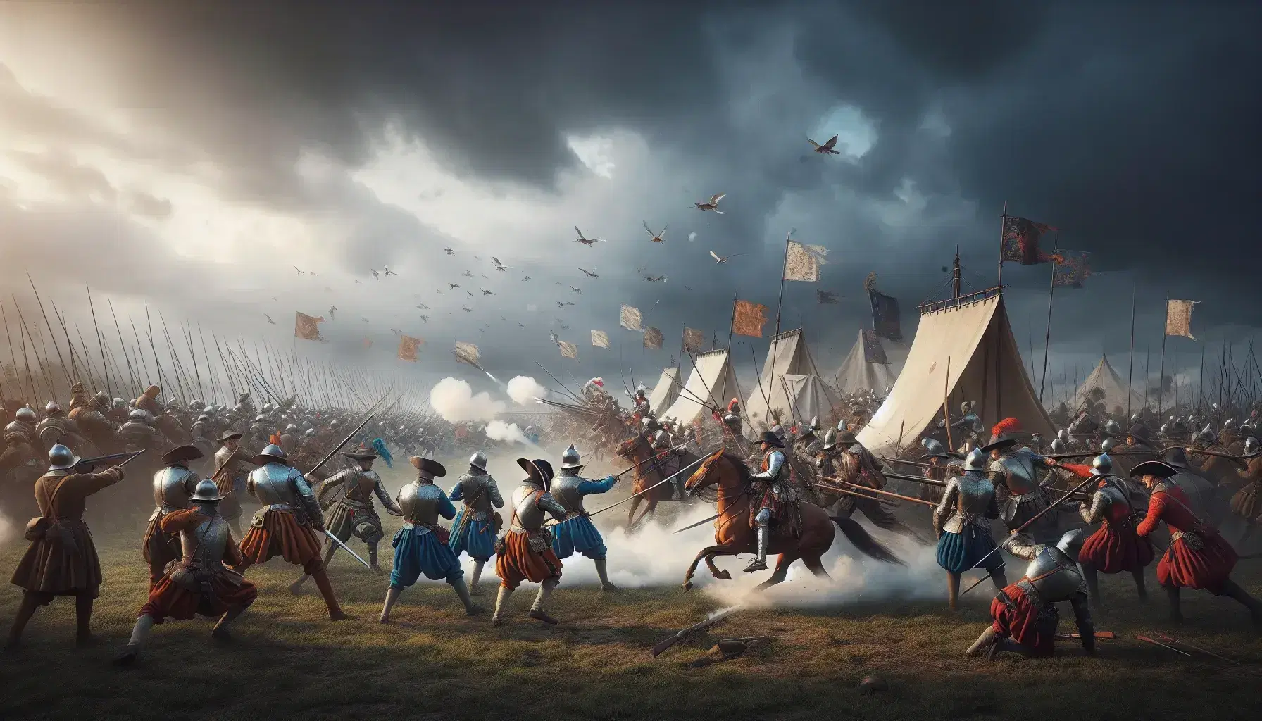 Scena di battaglia del XVII secolo con soldati in uniformi d'epoca che combattono armati di spade, alabarde e archibugi, sotto un cielo nuvoloso.