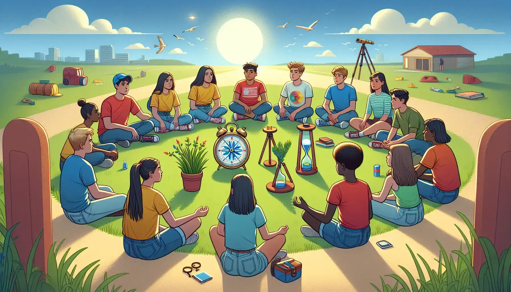 Grupo diverso de jóvenes sentados en círculo en el césped con brújula, reloj de arena, telescopio y planta, bajo cielo azul.