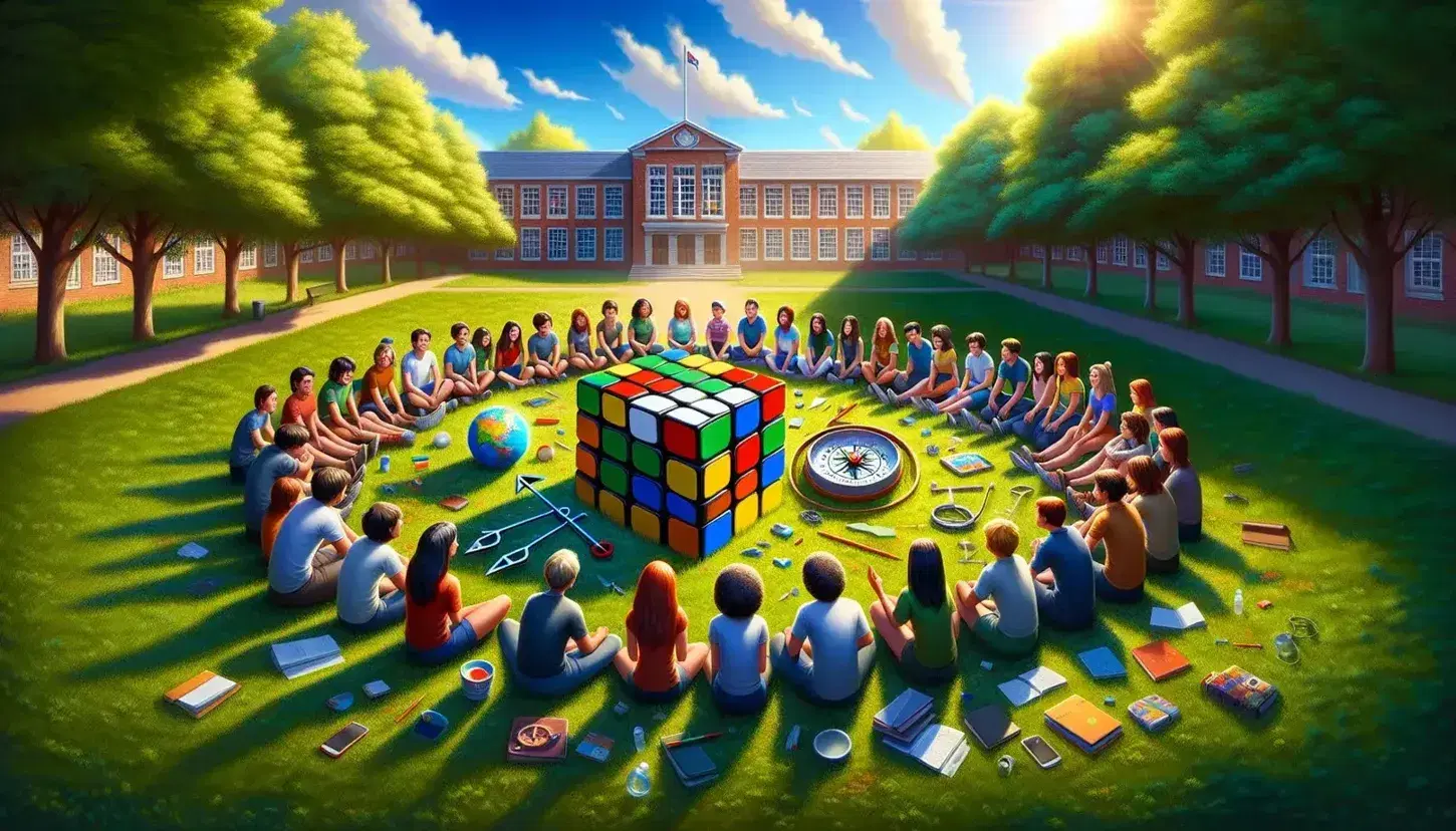 Estudiantes en círculo en un parque discutiendo sobre un cubo Rubik, un compás y un globo terráqueo, con un edificio escolar y árboles al fondo.
